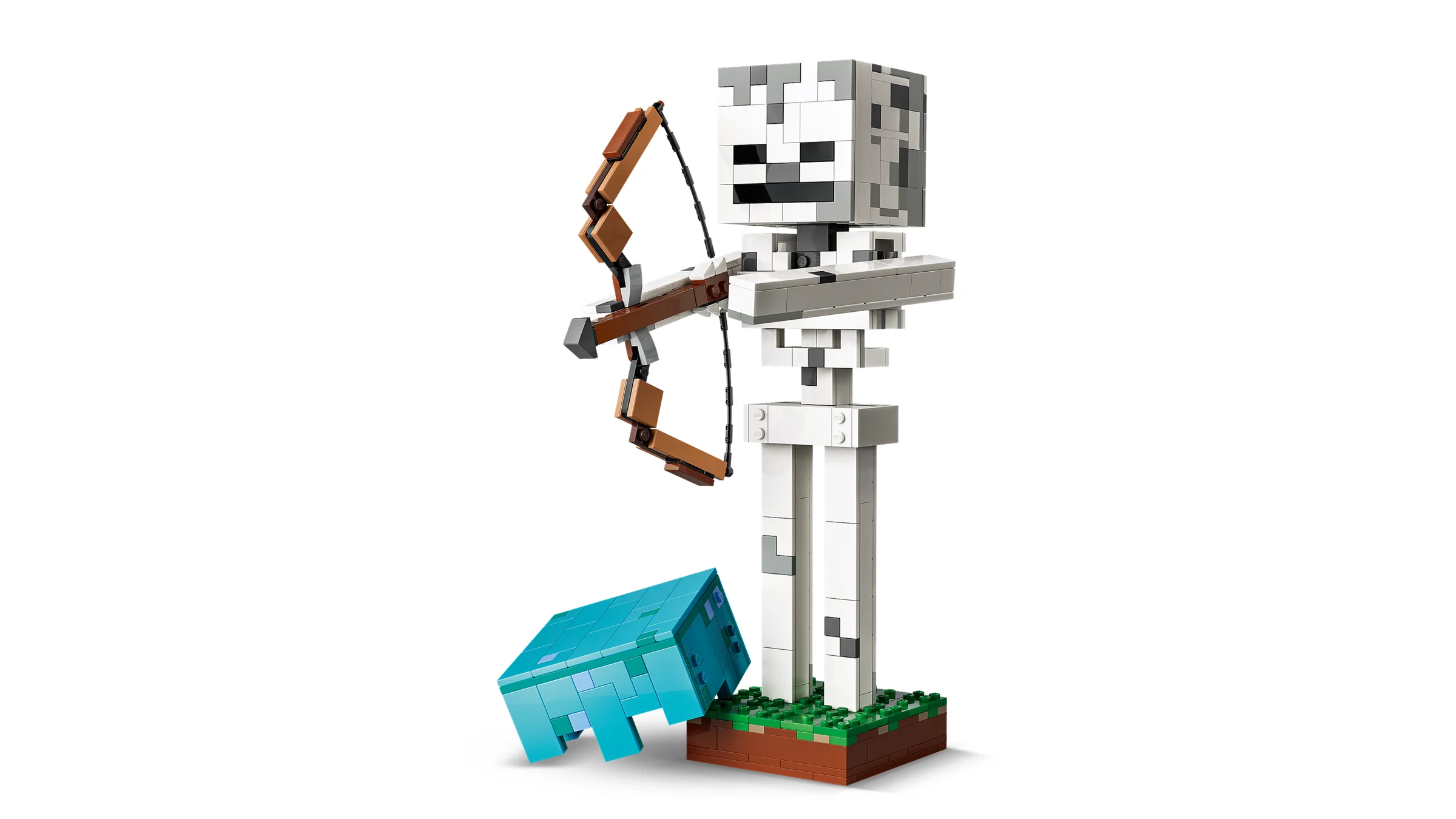 Imagine cu scheletul Minecraft LEGO 21594 și un slime. Set detaliat, ideal pentru fanii Minecraft.