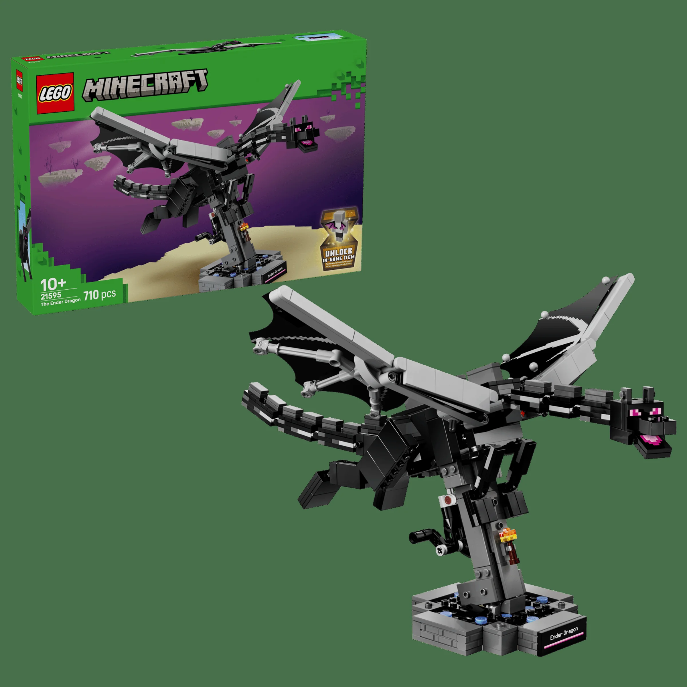 Dragonul Ender din LEGO Minecraft, setul 21595. Modelul complet și cutia, prezentate detaliat.
