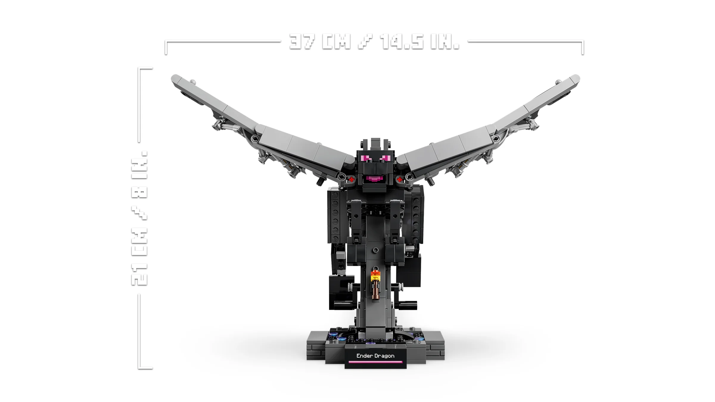 Ender Dragon LEGO Minecraft cu dimensiunile afișate. Model detaliat și impunător.