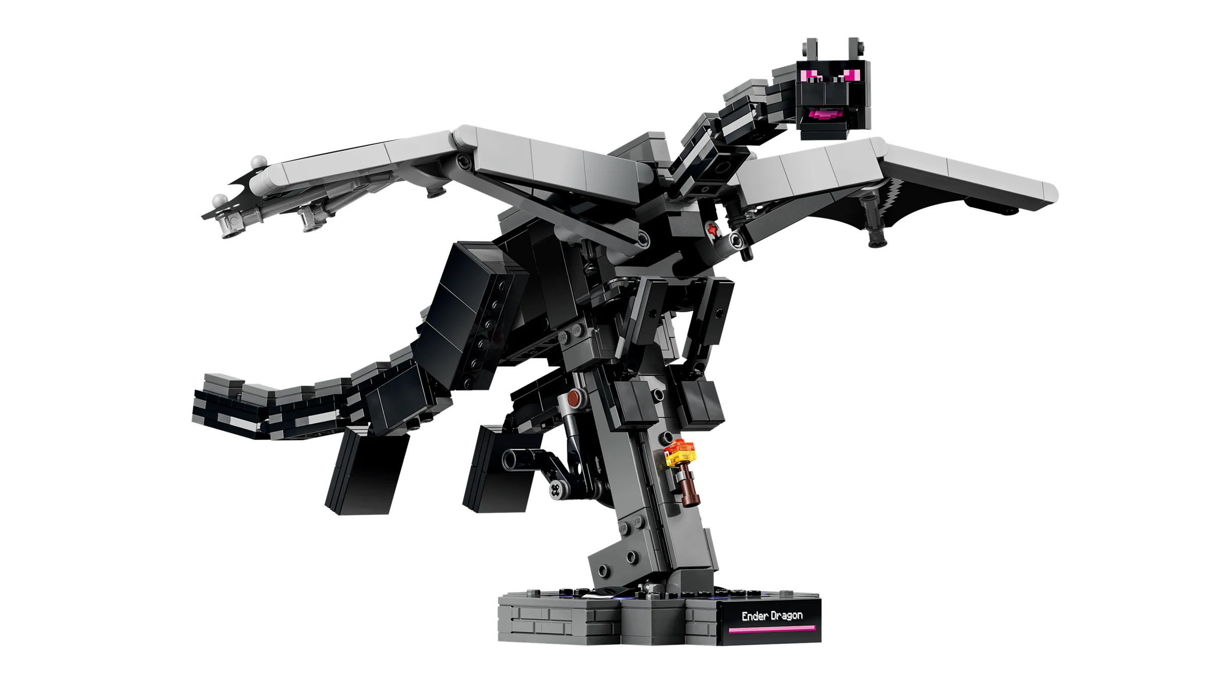 Modelul LEGO Ender Dragon, detaliat și impresionant, prezentat pe suportul său.