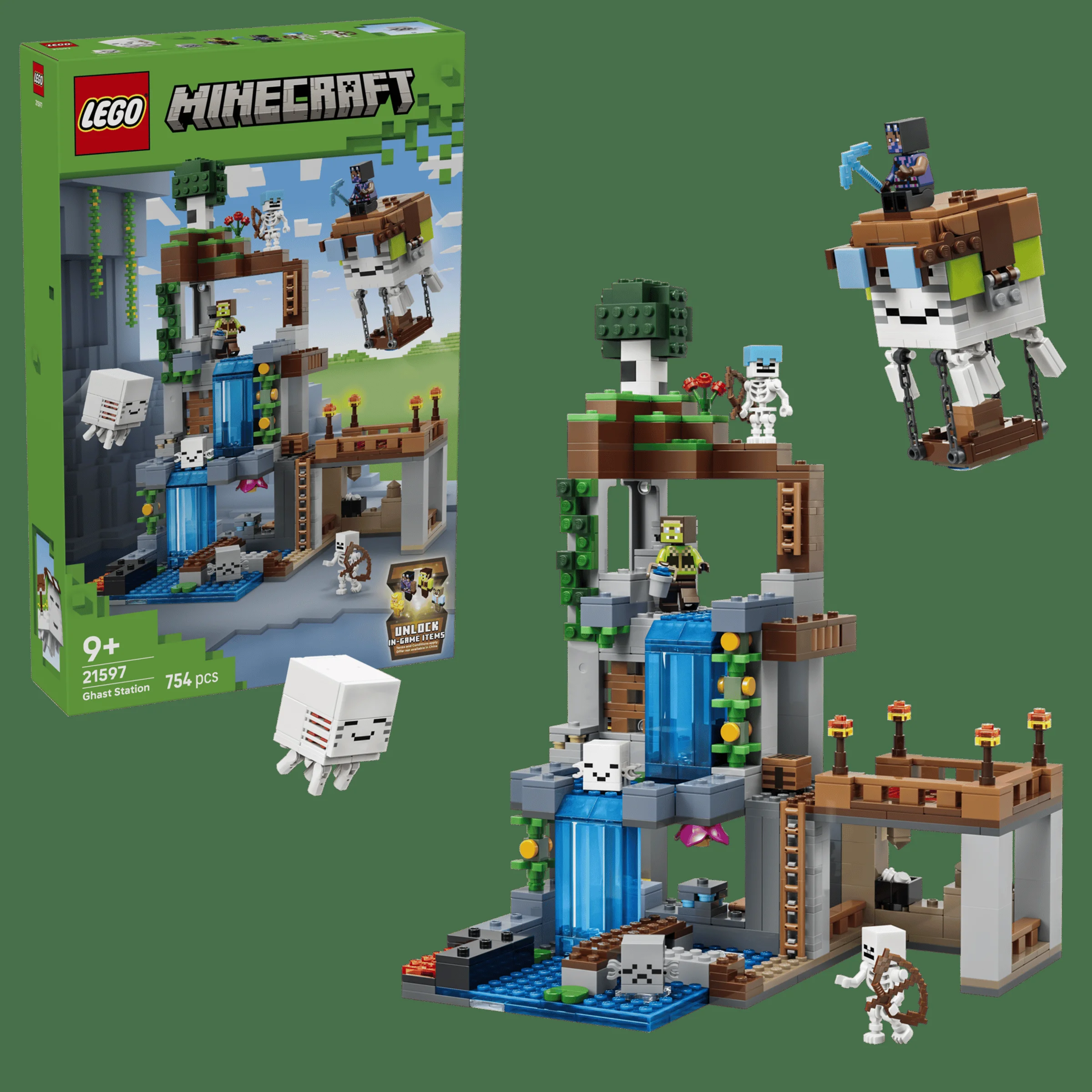 Setul LEGO Minecraft 21597 Stația Ghast: include construcție, minifigurine și cutia. O imagine detaliată.