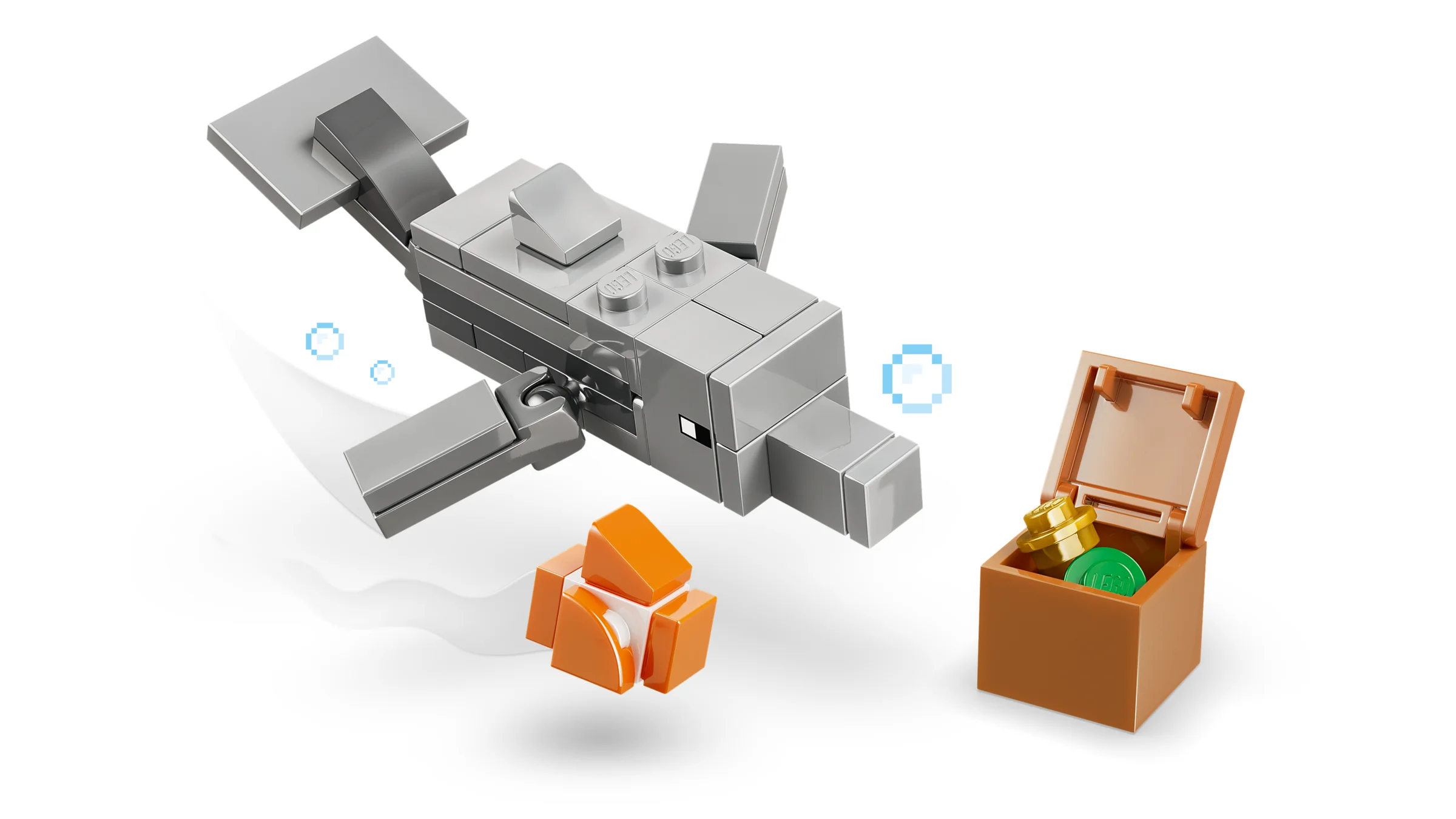 Imagine cu un delfin, un pește tropical și o comoară LEGO Minecraft.