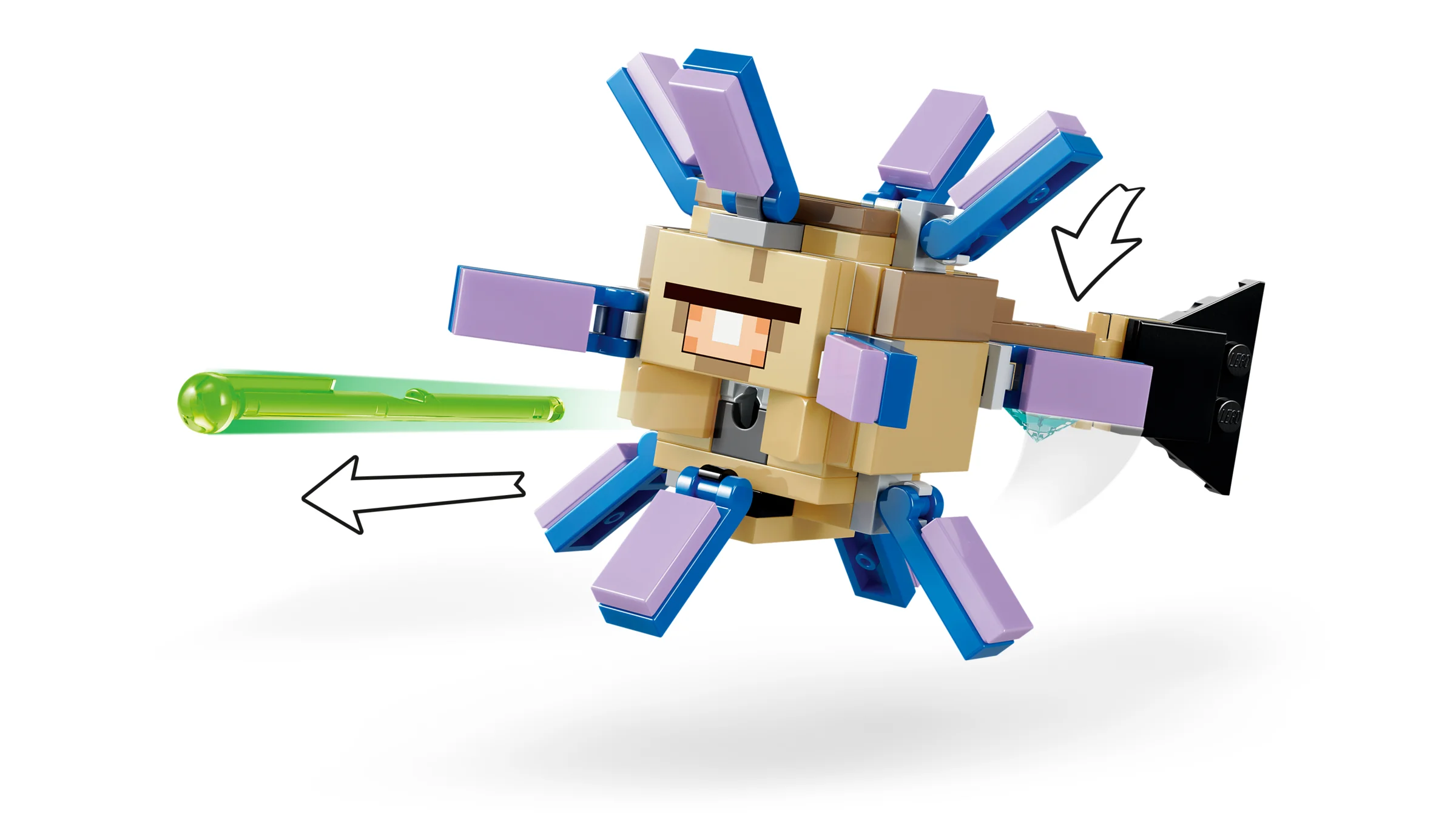 Imagine cu gardianul Minecraft din LEGO lansând un fascicul laser verde.