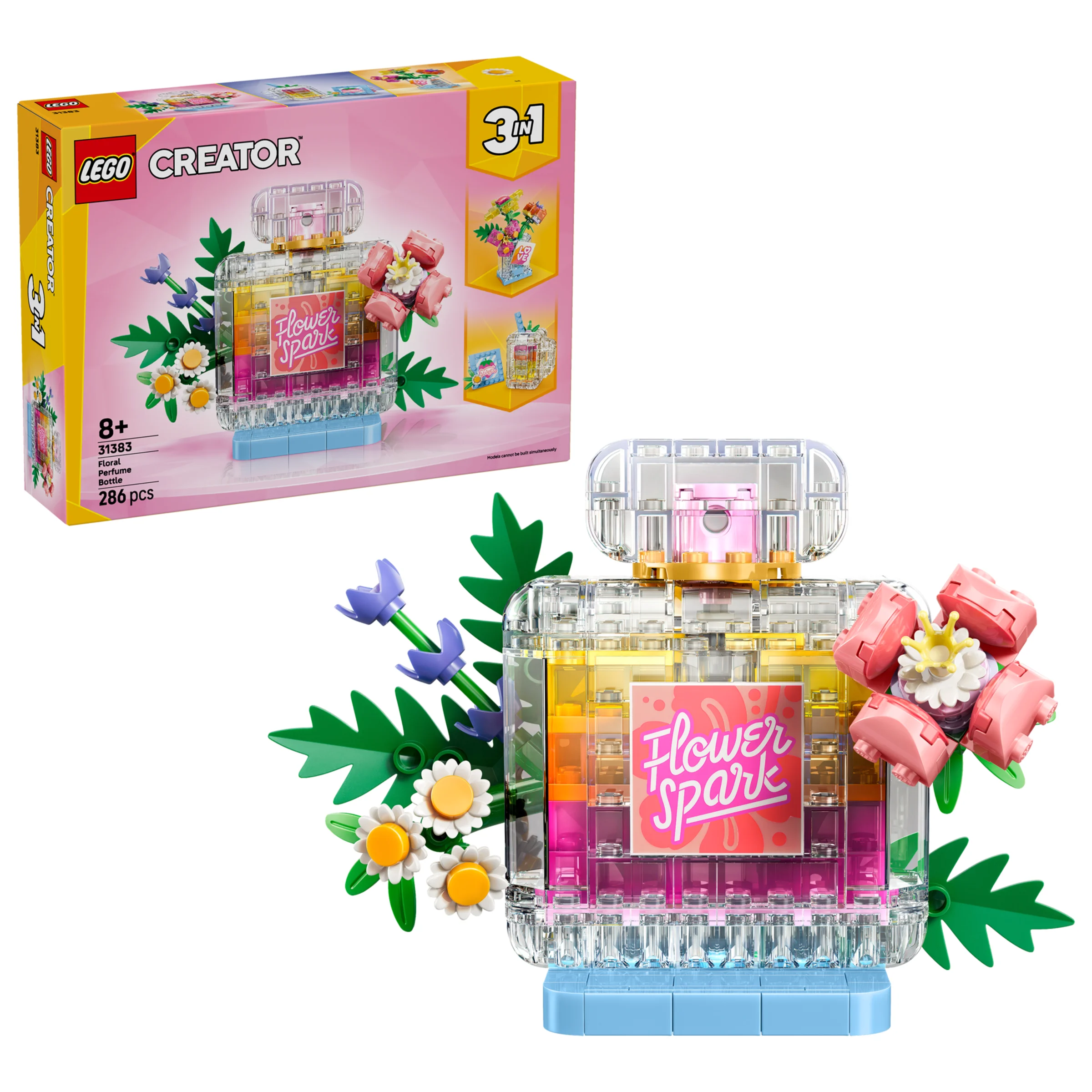 Imagine cu produsul LEGO 31383, sticla de parfum florală, alături de cutia sa.