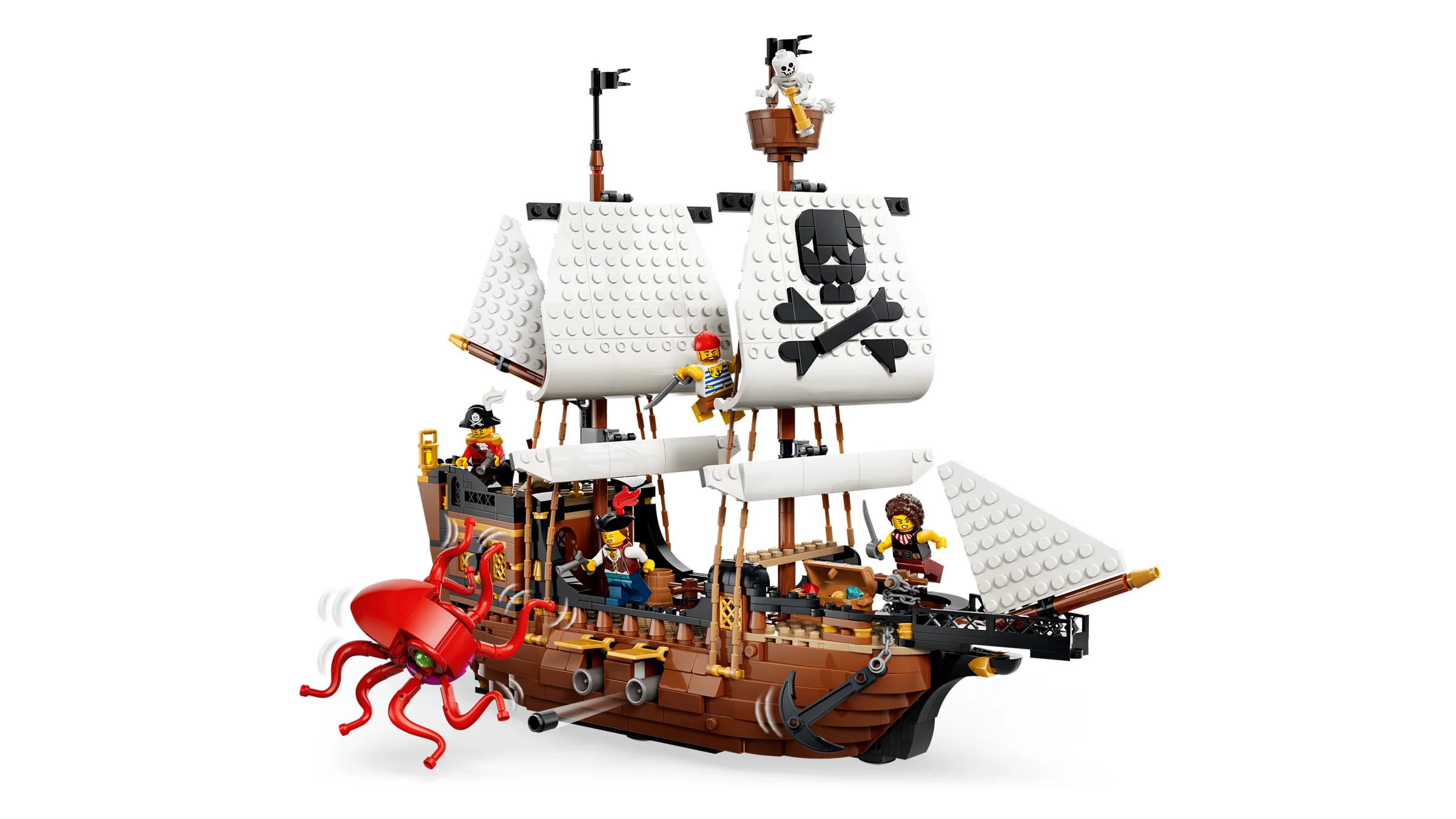 Imagine detaliată a corabiei de pirați LEGO, cu minifigurine și un calamar roșu.