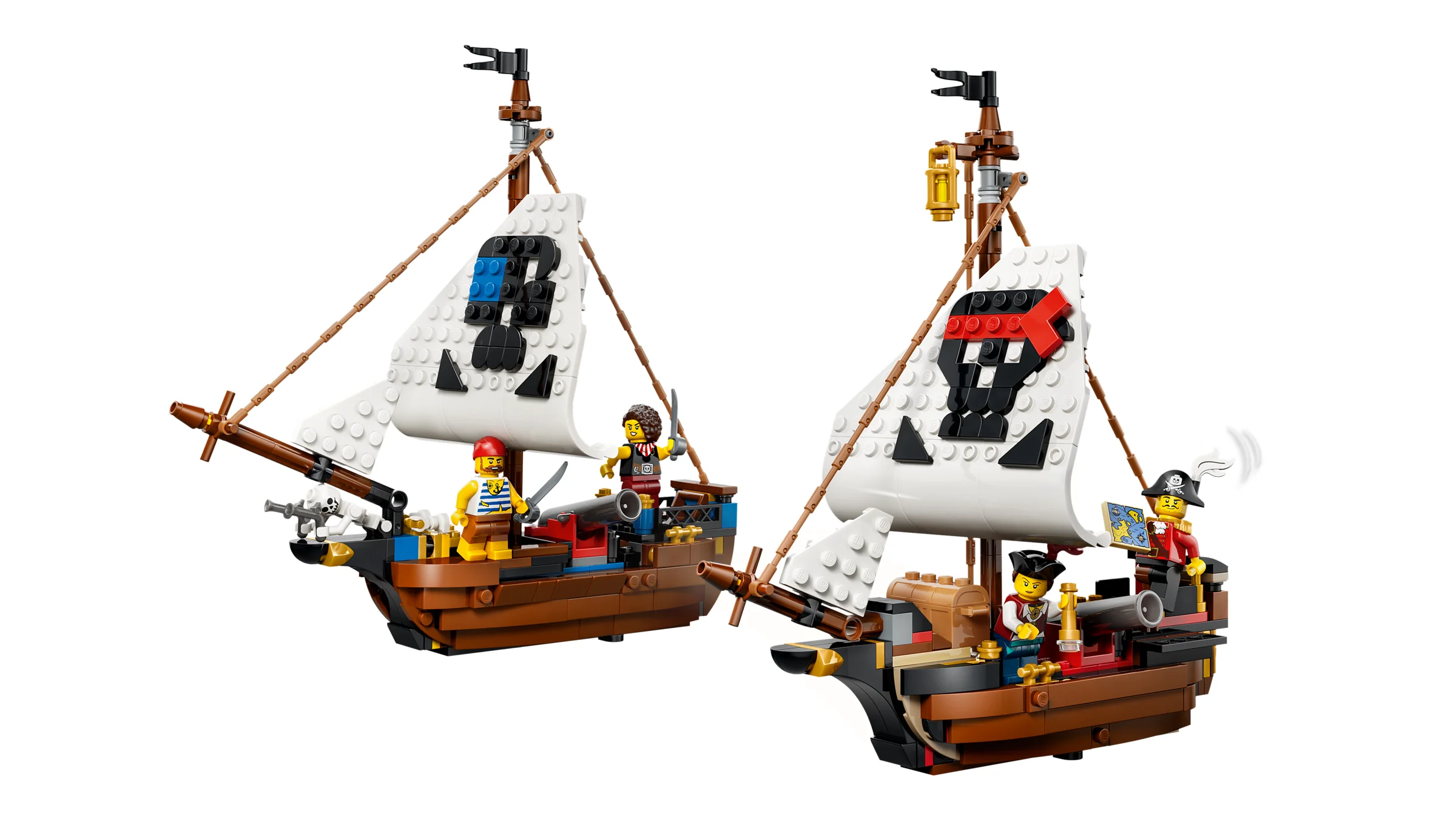 Două corăbii de pirați LEGO diferite, cu pânze și figurine incluse.