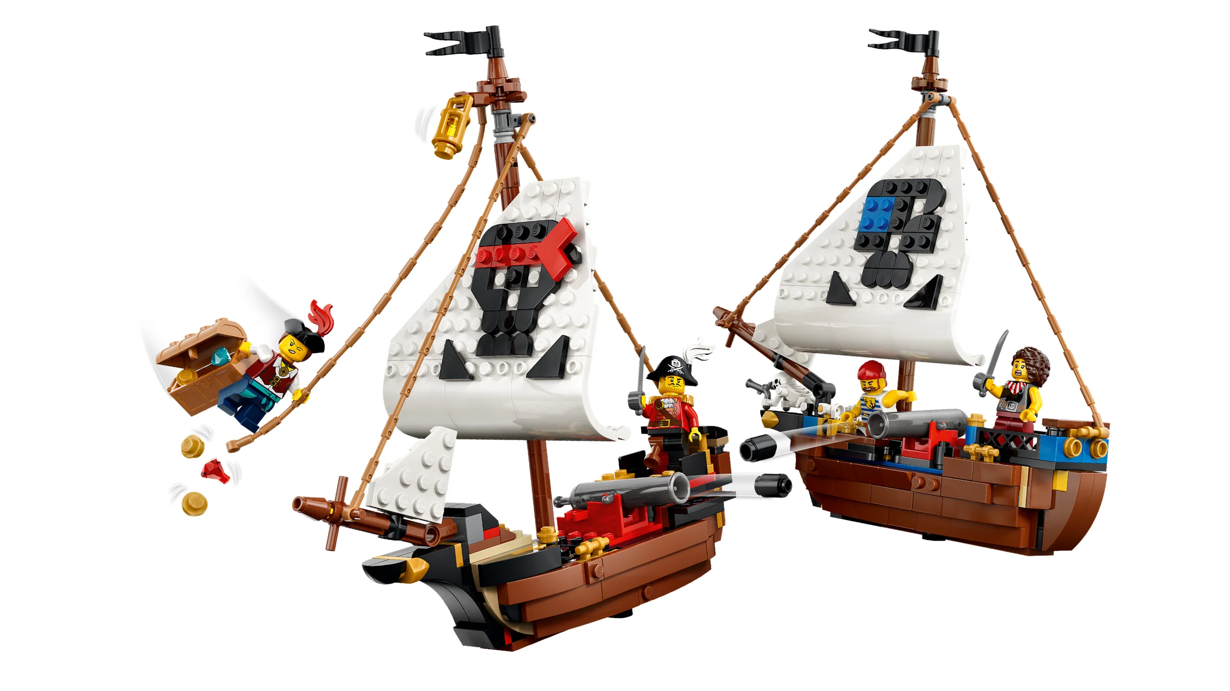 Imagine cu două corăbii de pirați LEGO, cu pânze albe și figurine detaliate.