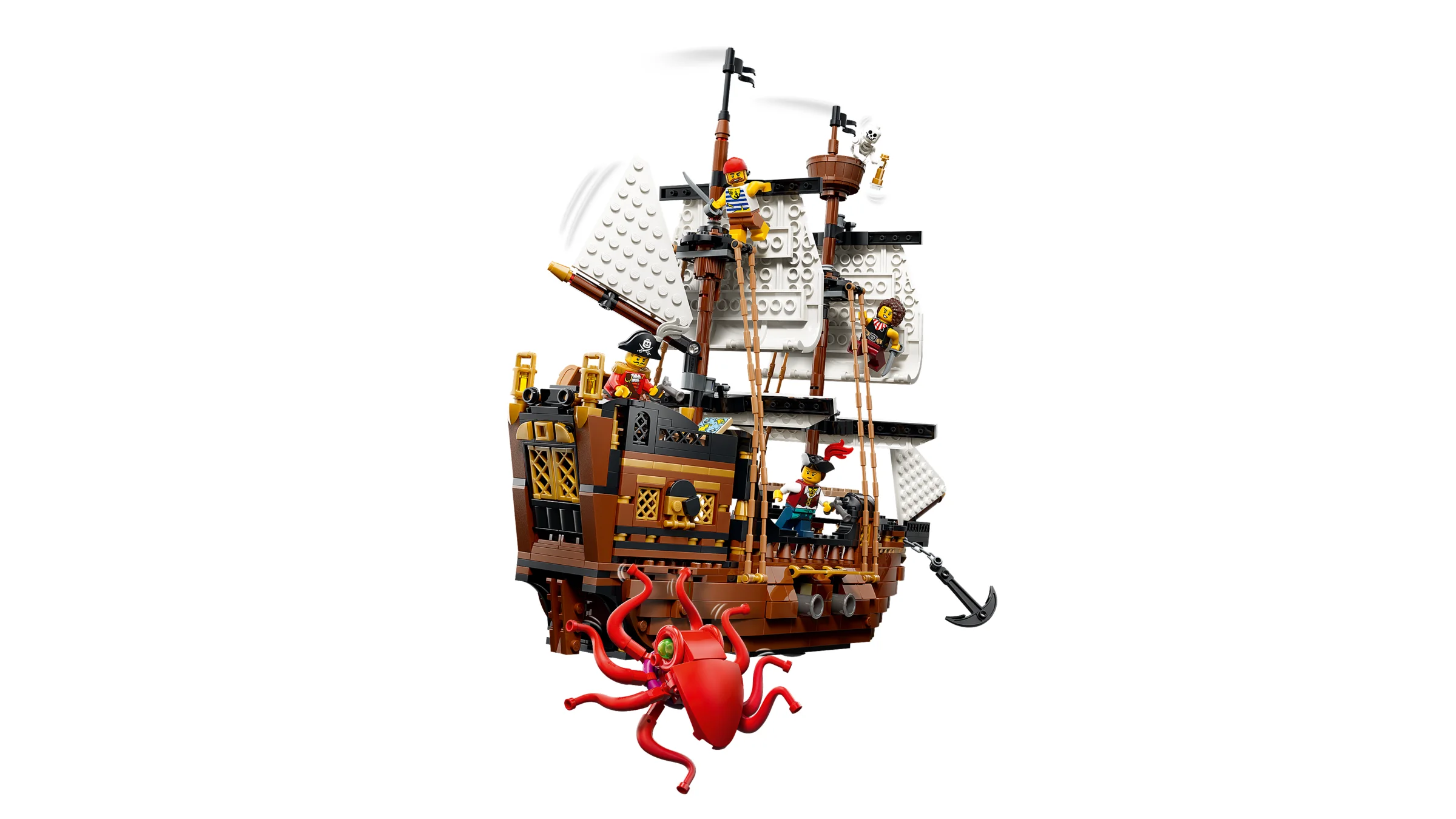 Modelul LEGO al unei corăbii de pirați cu un calamar roșu. Detalii interesante.