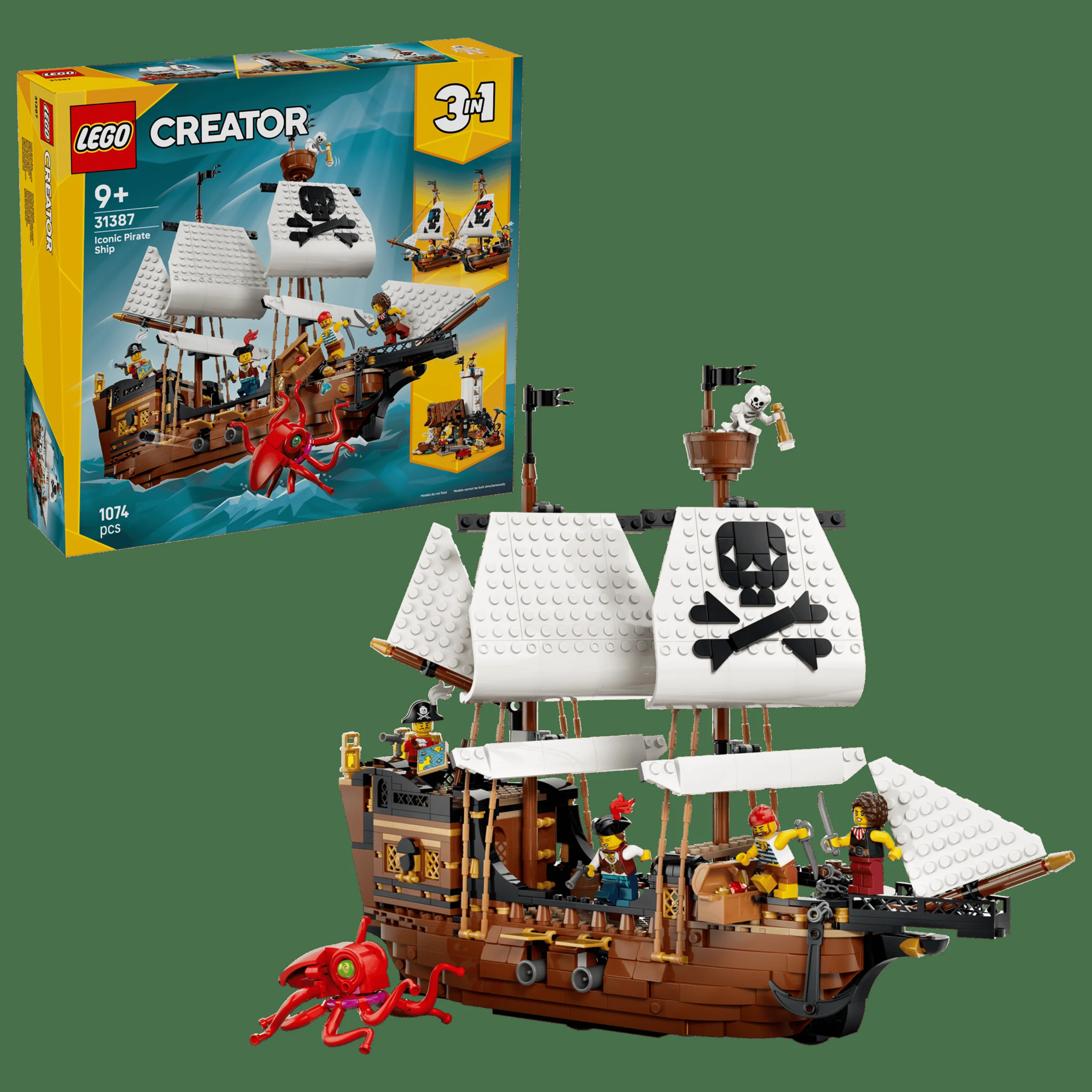 Imagine cu nava de pirați LEGO Creator 31387, prezentată alături de cutie. O jucărie captivantă!