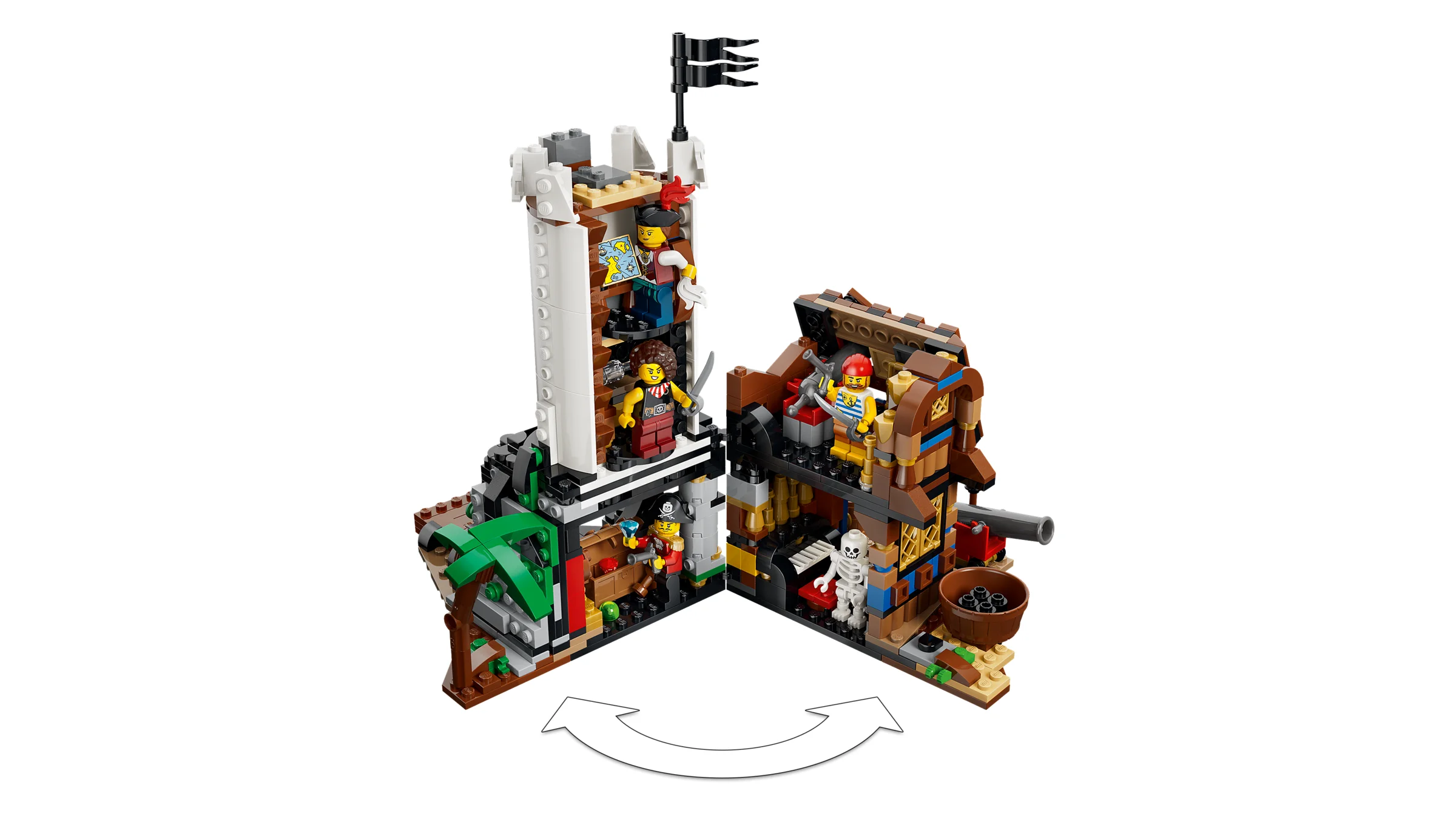 Set LEGO 31387 Nava Piraților Iconică: detaliu cu secțiuni interioare și minifigurine.