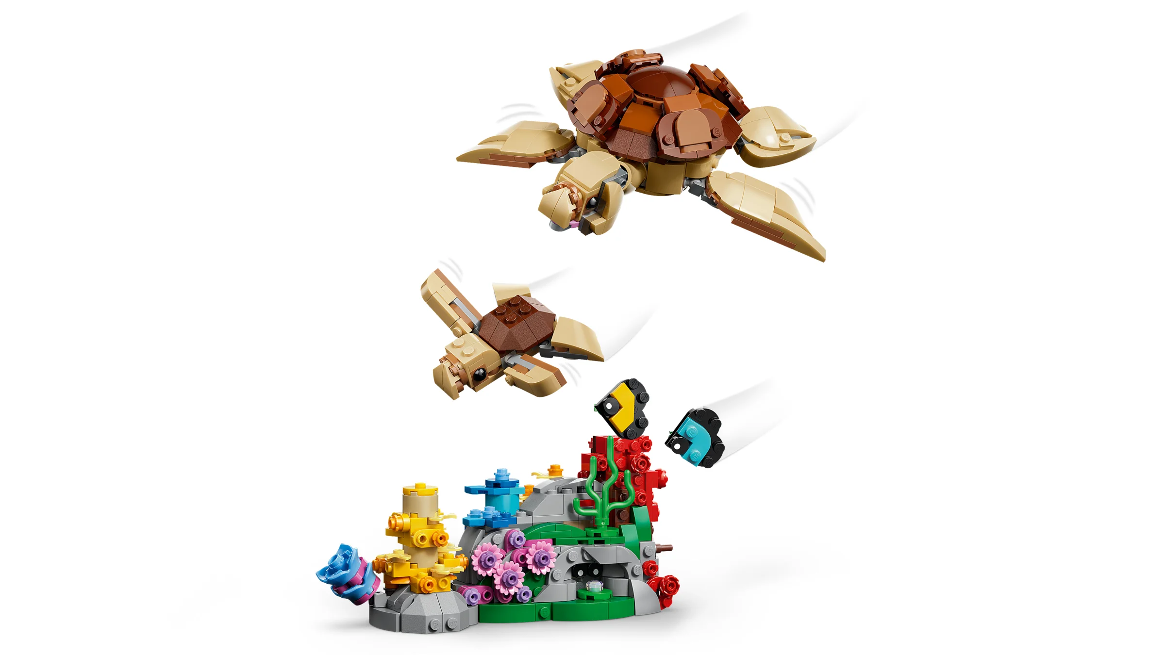 Imagine cu o familie de țestoase LEGO înotând deasupra unui recif colorat.