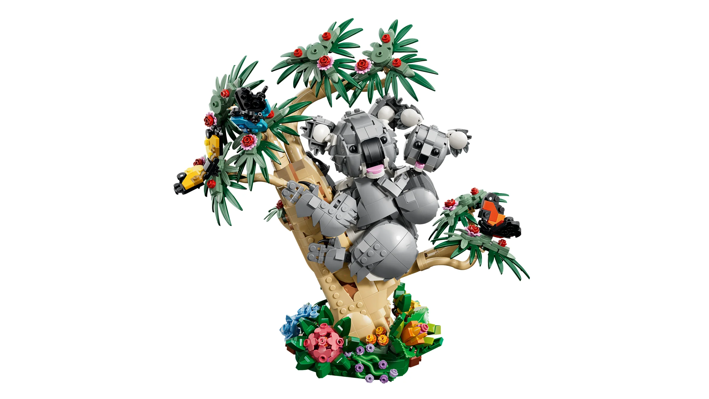 Set LEGO 31388 prezintă o familie de koala construite din cărămizi, într-un copac frumos.