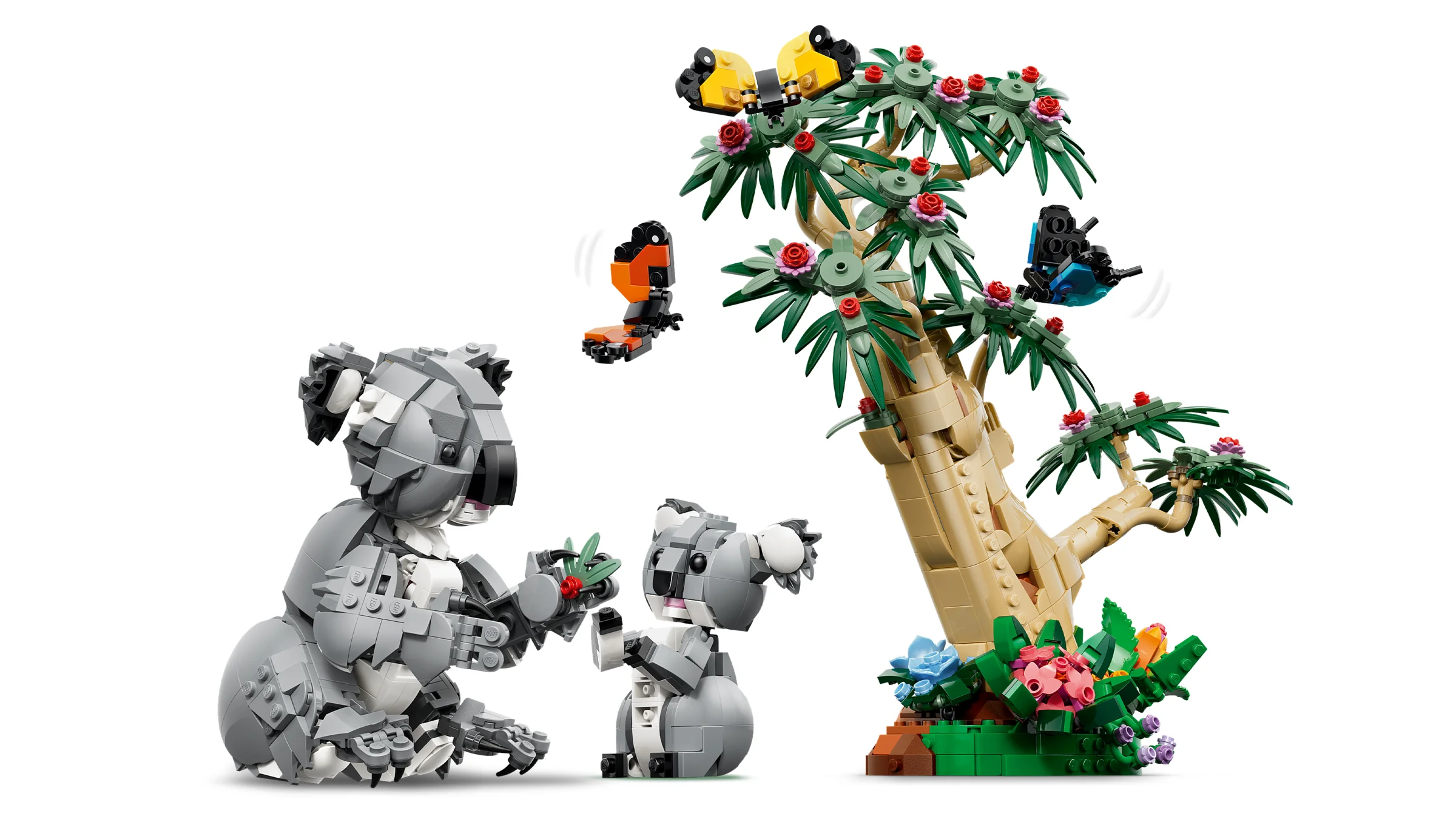 Setul LEGO 31388 prezintă o familie de koala adorabilă și un copac cu flori.
