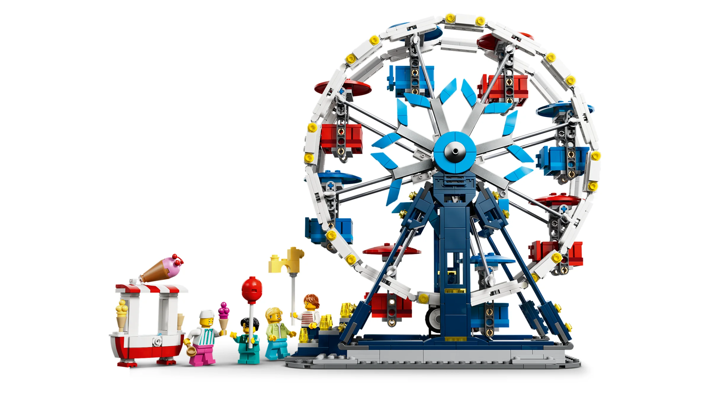 Roata Ferris iconică LEGO Creator, cu minifigurine și cărucior de înghețată. O experiență încântătoare!
