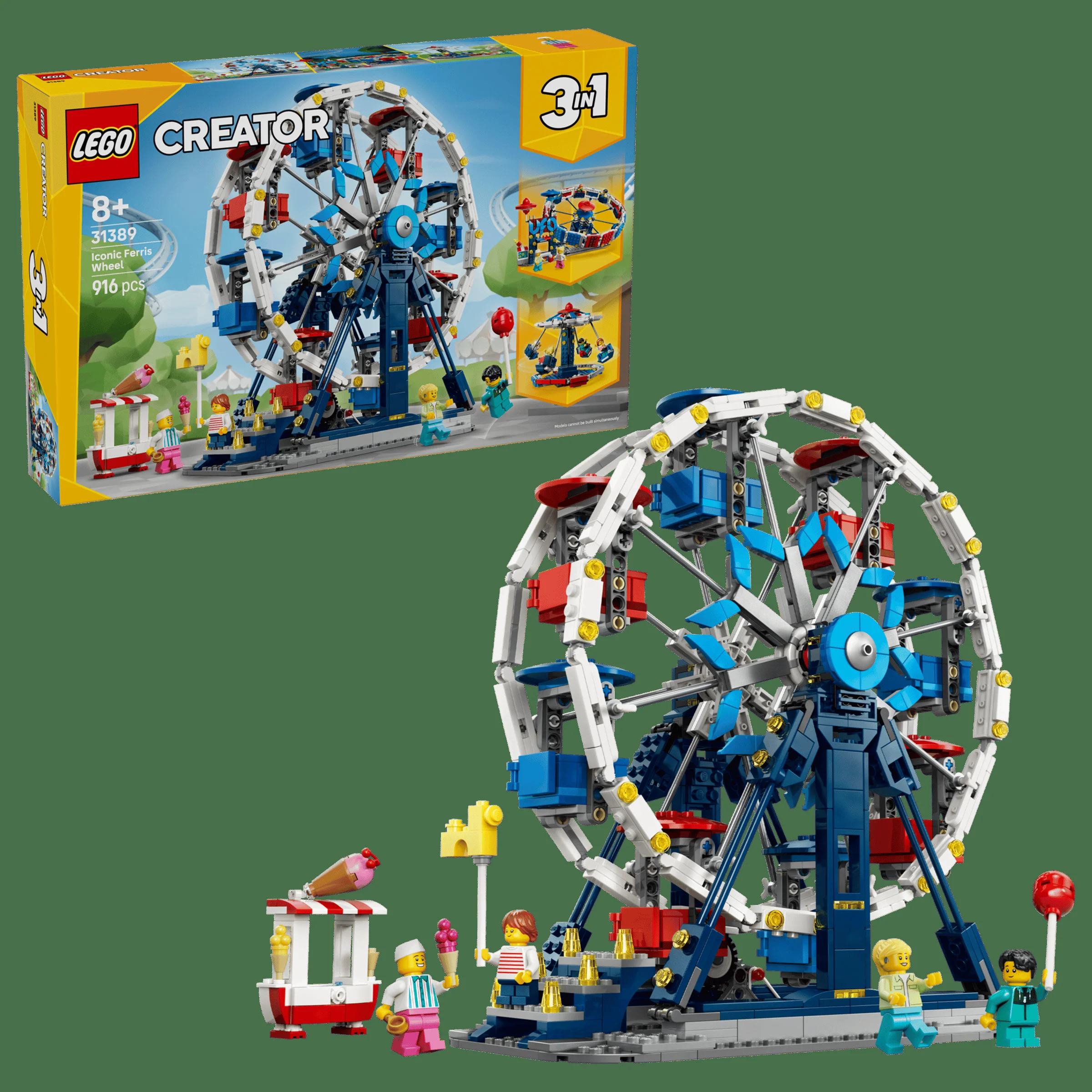 Roată Ferris iconică LEGO Creator 31389, cu minifigurine și vânzător de înghețată.