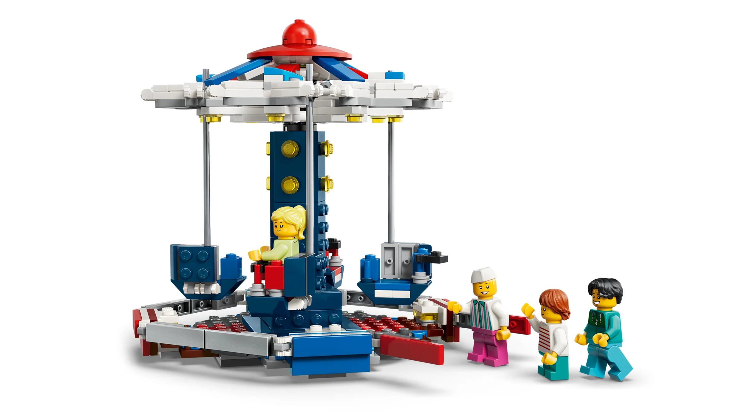 Roată Ferris cu minifigurine, un carusel LEGO Creator detaliat.