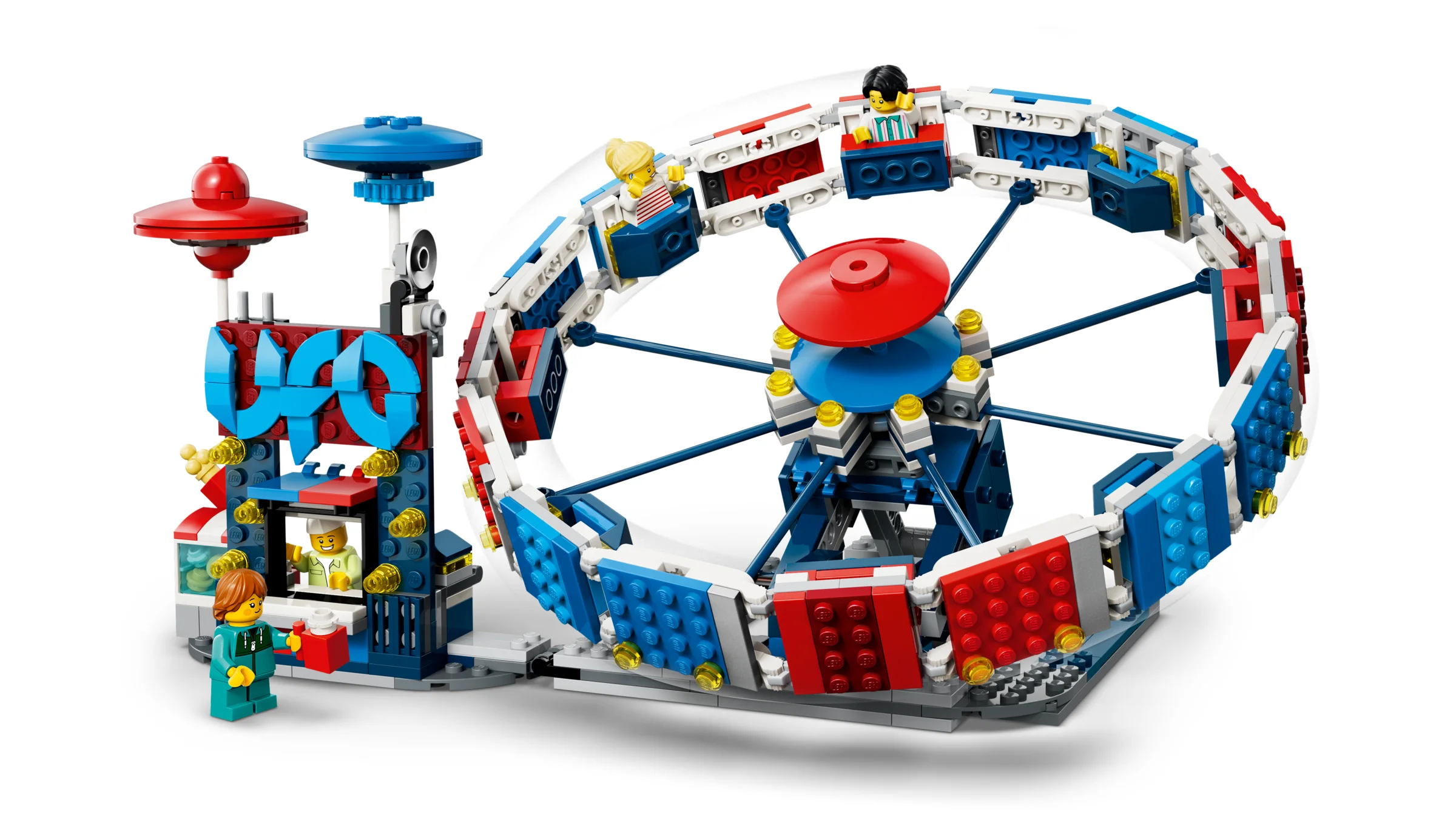 Imagine cu roata iconică LEGO 31389 Creator, un model viu colorat cu figurine.
