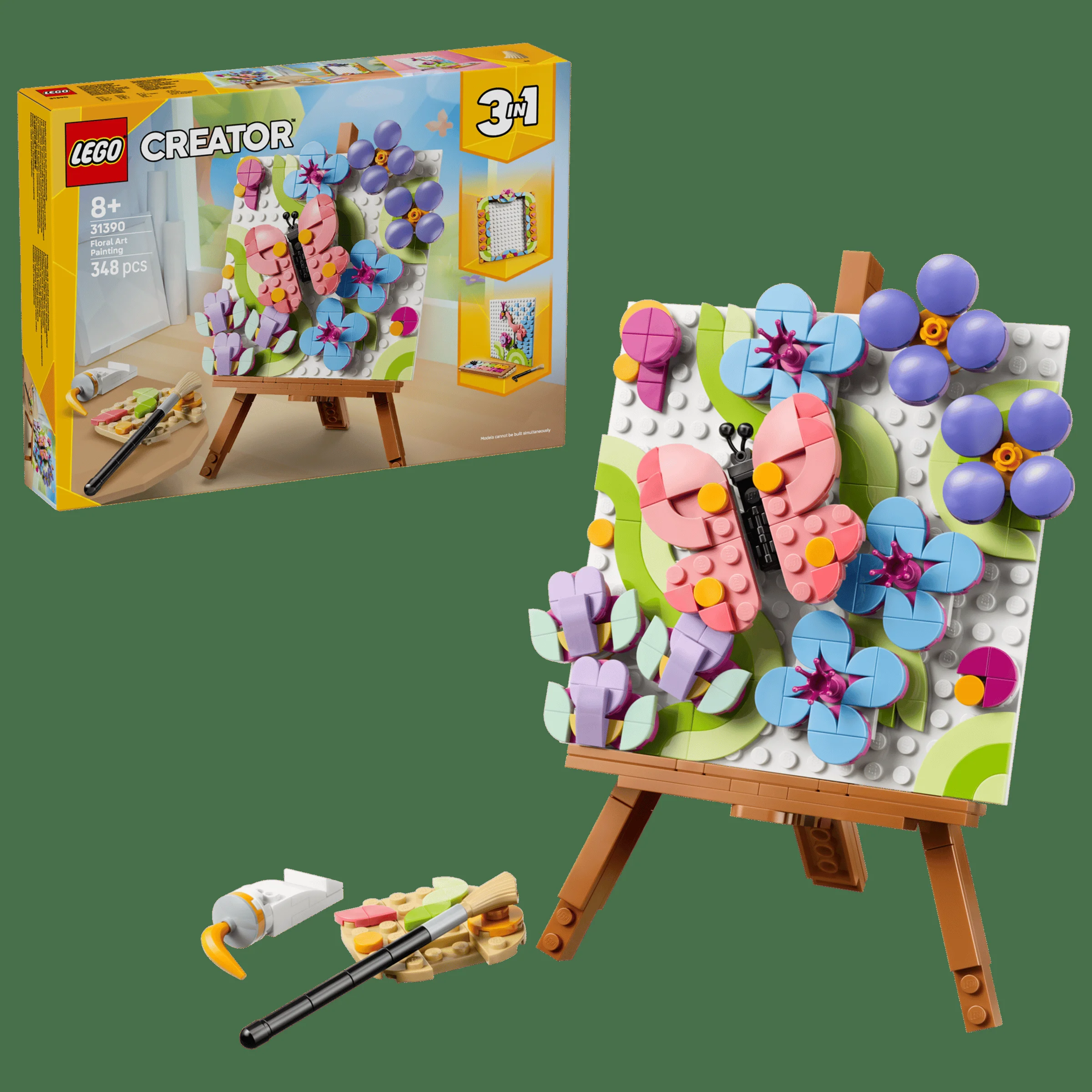 Imagine cu setul LEGO 31390, pictură florală pe șevalet, împreună cu cutia.