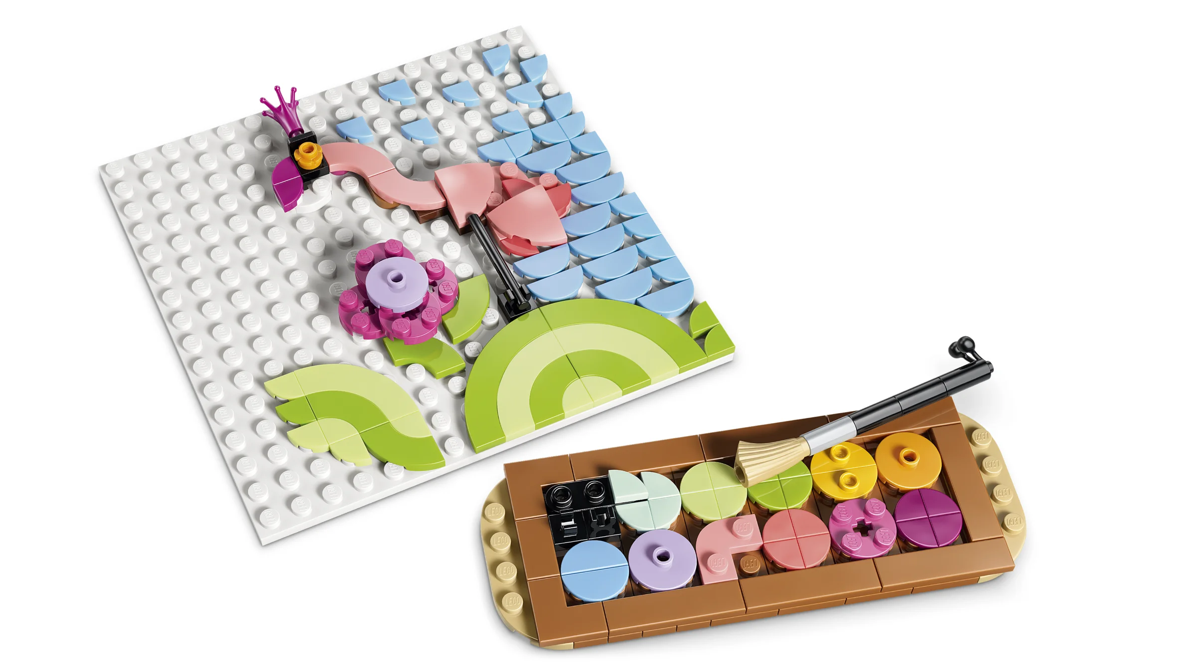 Imagine cu setul LEGO 31390, reprezentând un tablou floral și paleta de culori cu pensulă.