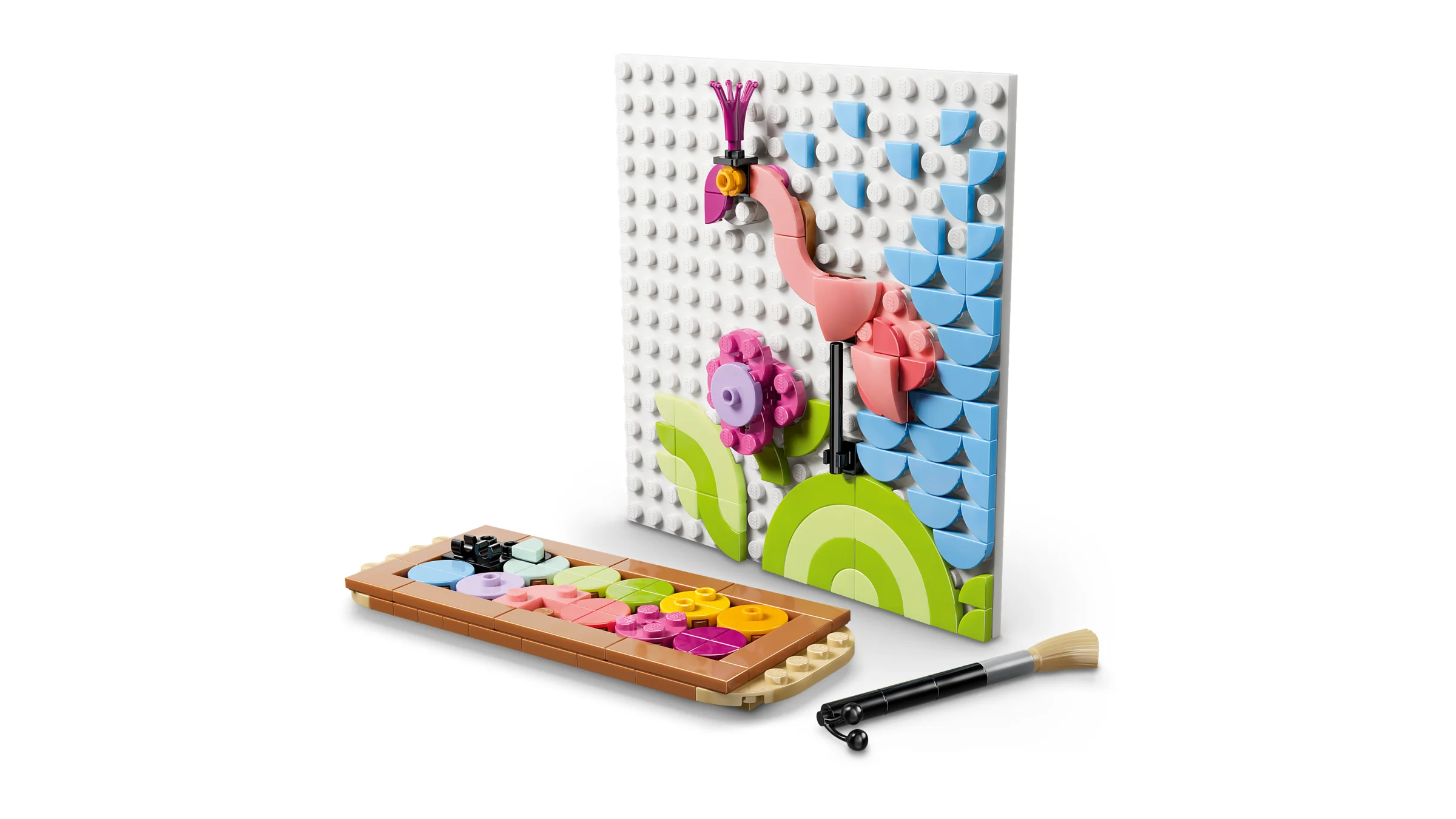 Tablou floral LEGO cu flamingo roz și paletă de culori, un cadou creativ. 