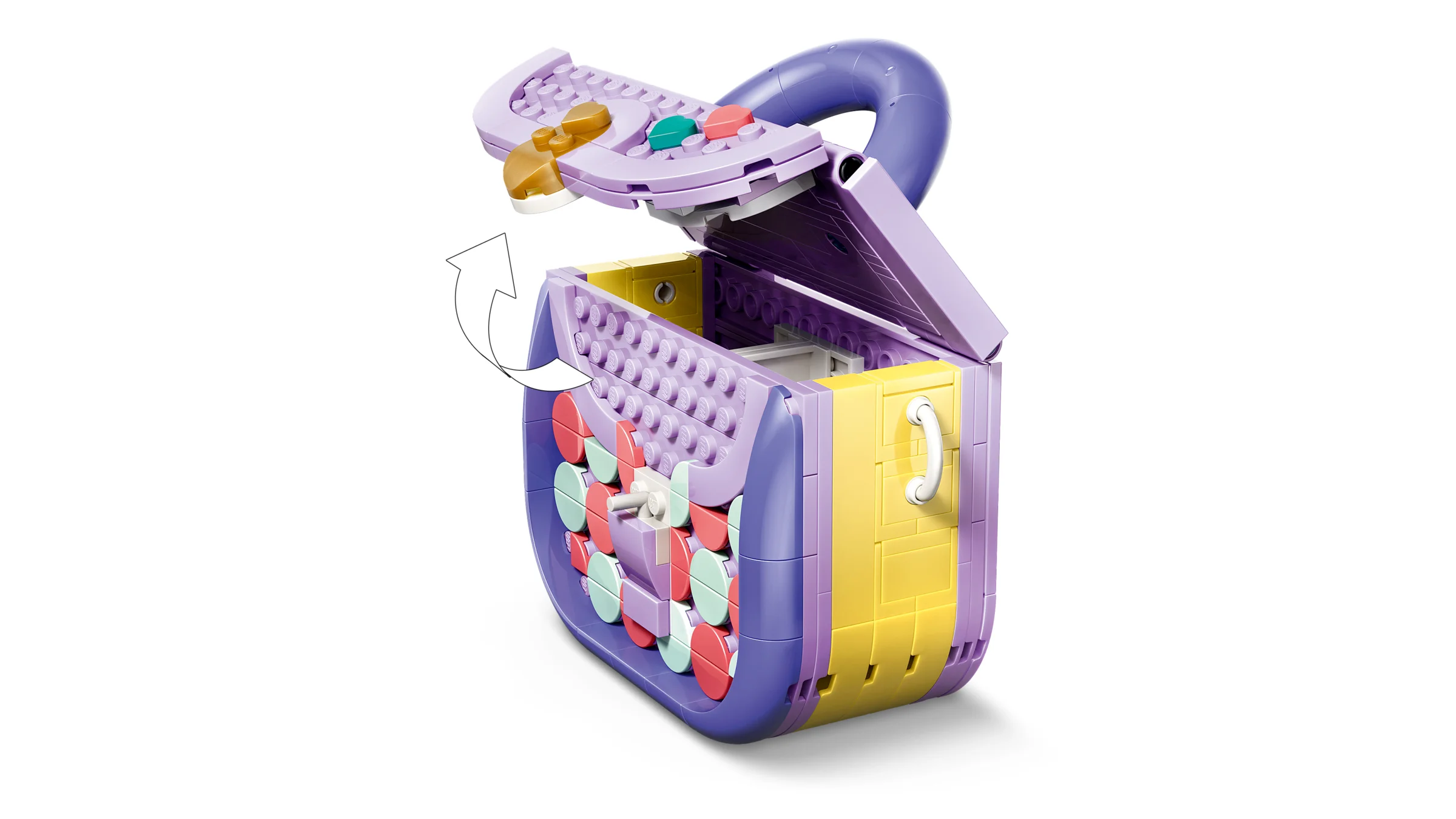 Geantă LEGO mov, cu capac deschis și spațiu de depozitare. Model detaliat, colorat.