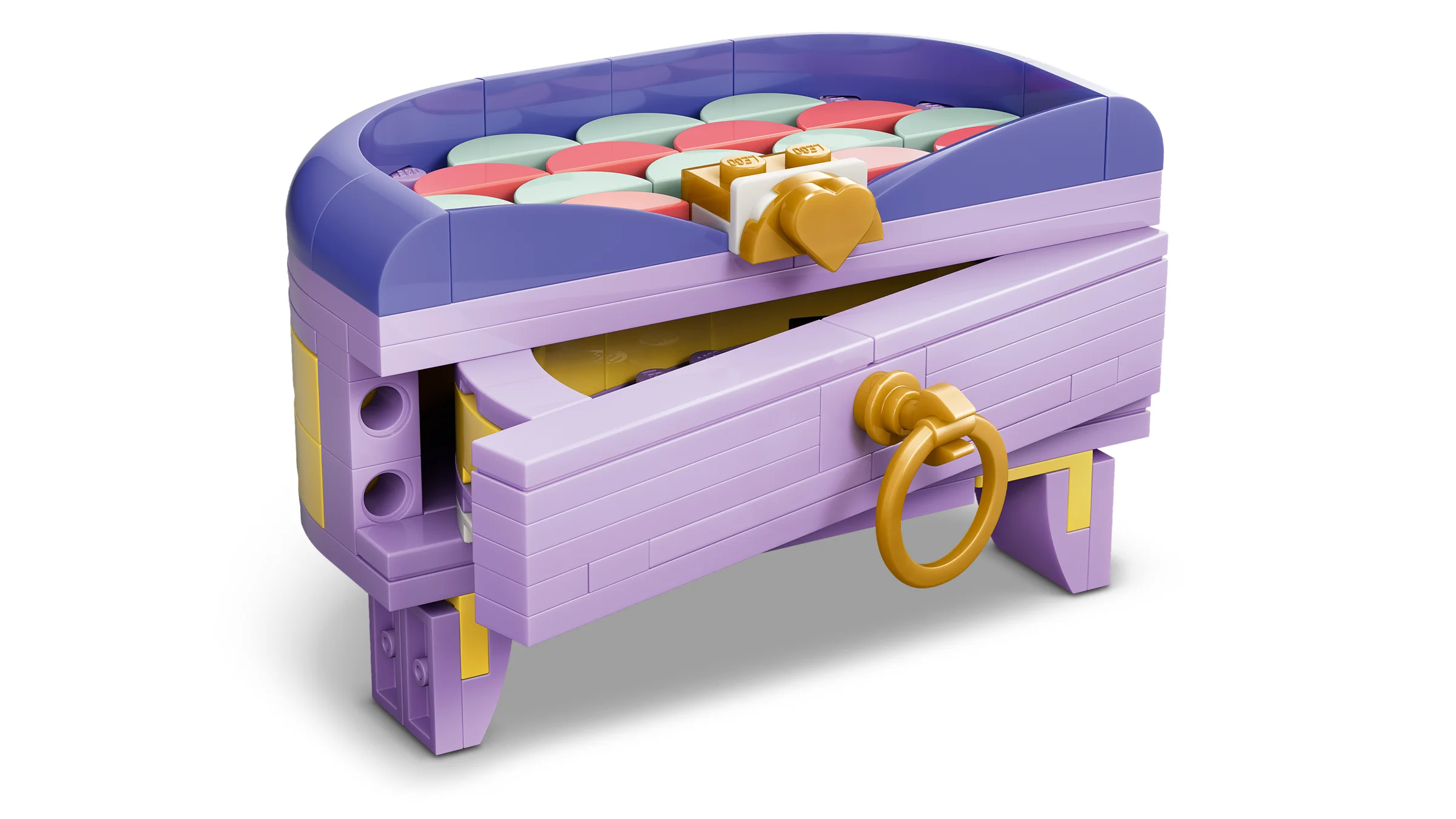 Geantă LEGO 31391, violetă și aurie, cu sertar deschis și compartimente de depozitare.