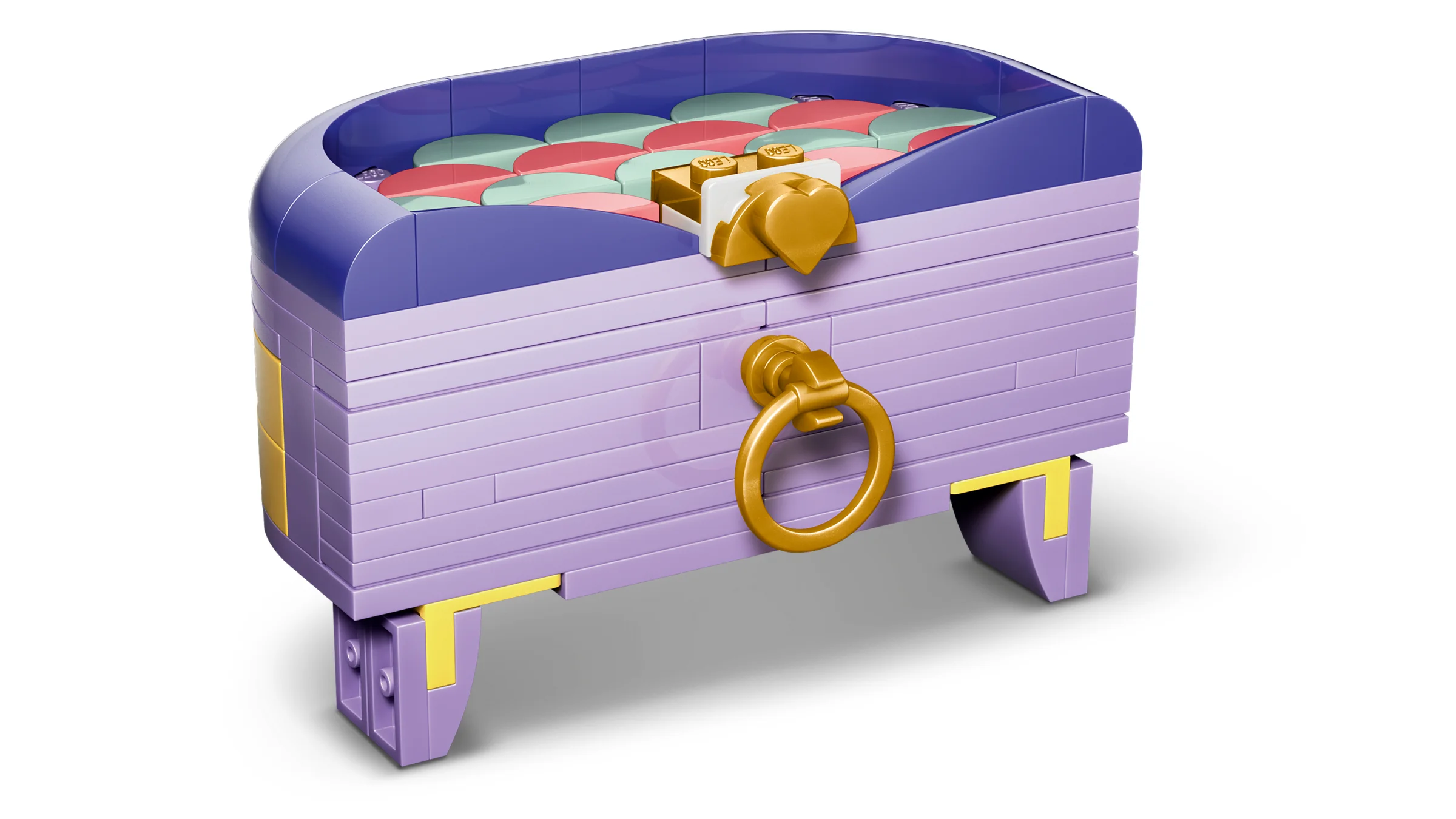 Geantă LEGO violetă cu detalii aurii și compartimente interioare colorate.