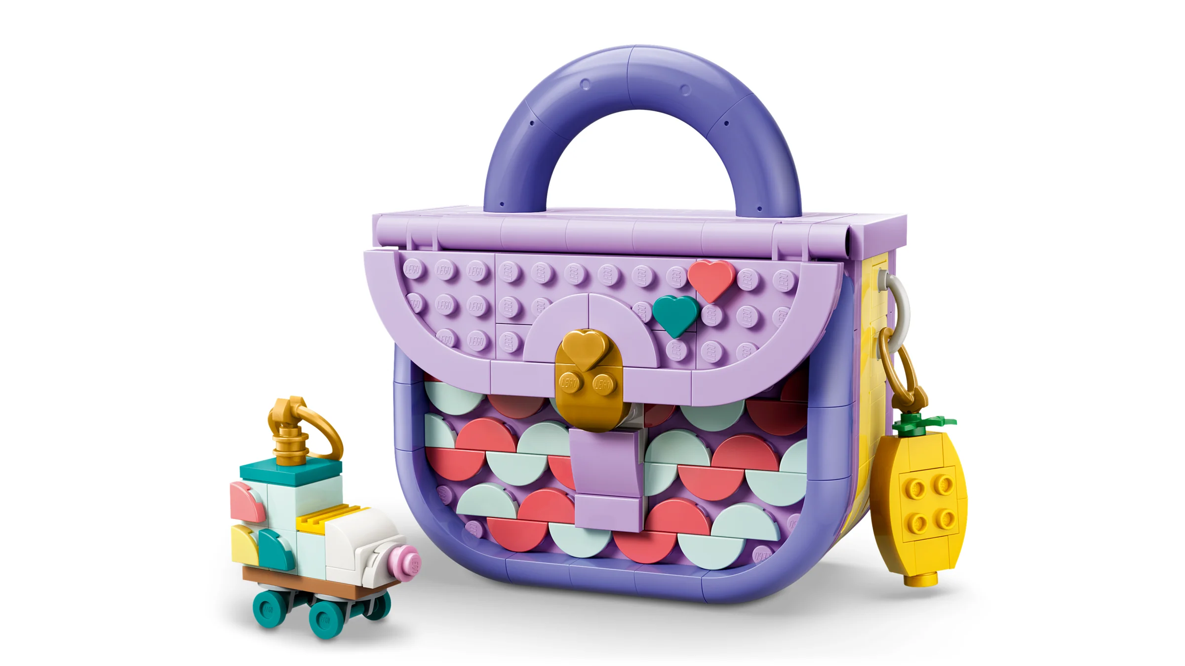 Prezentare produs: Geantă LEGO mov cu accesorii creative. Design colorat și distractiv.