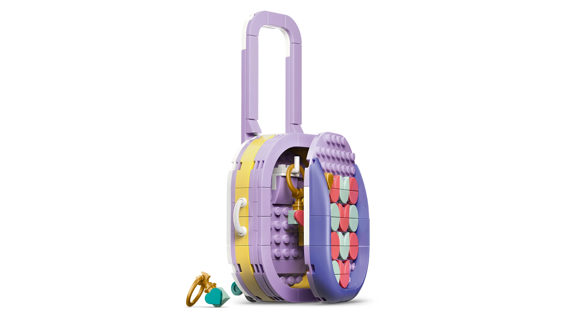 Valiză LEGO violetă Creator 31391, deschisă, cu accesorii. Un cadou creativ și portabil.