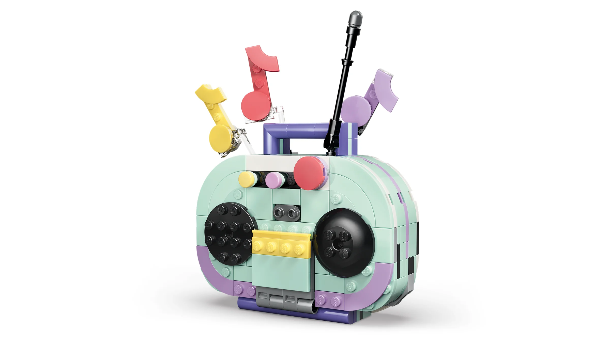O imagine cu modelul LEGO 31392, un radio colorat, cu note muzicale deasupra.