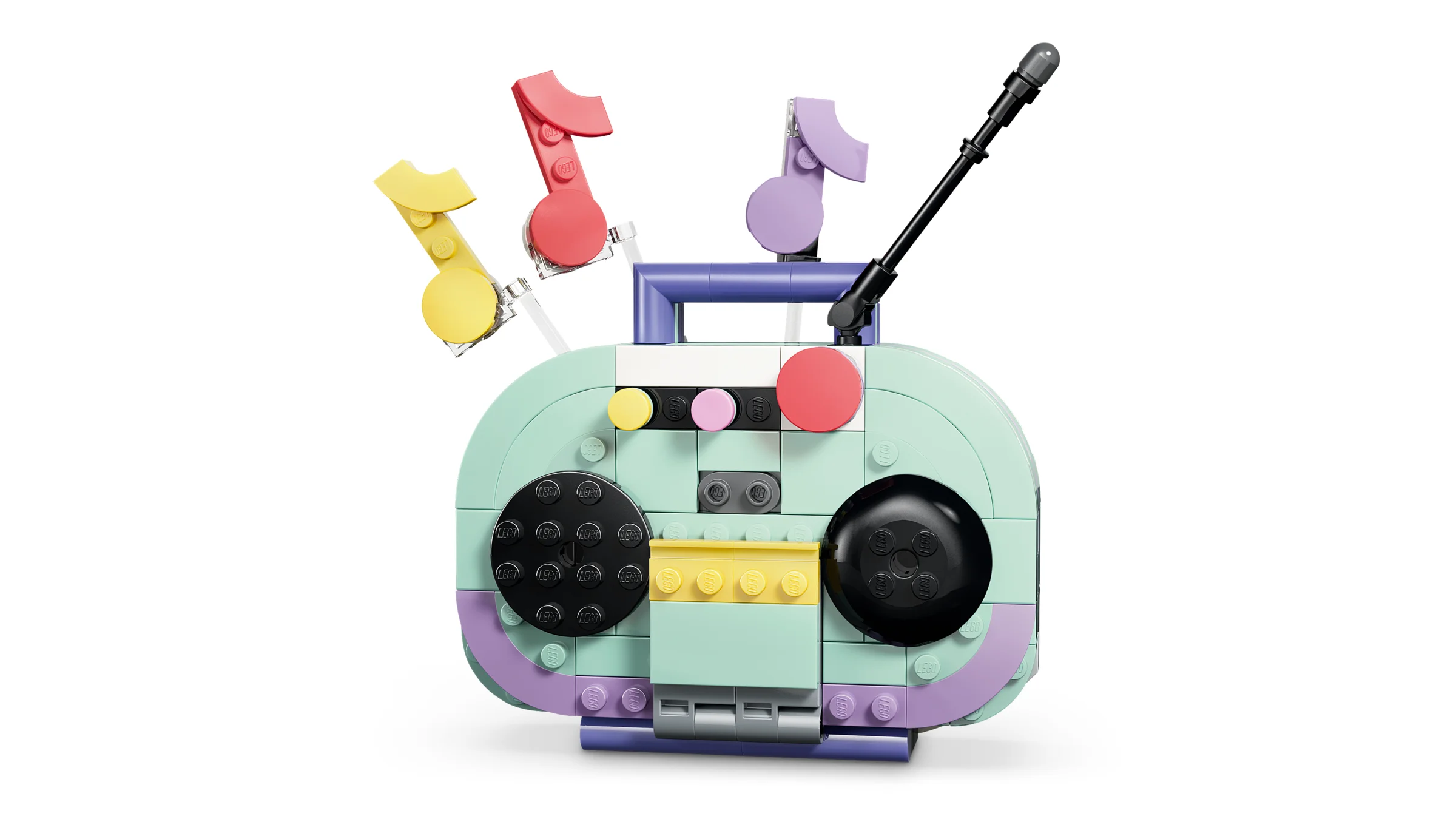 Imagine cu modelul LEGO 31392, un radio decorativ colorat și stilizat. O jucărie creativă pentru copii.