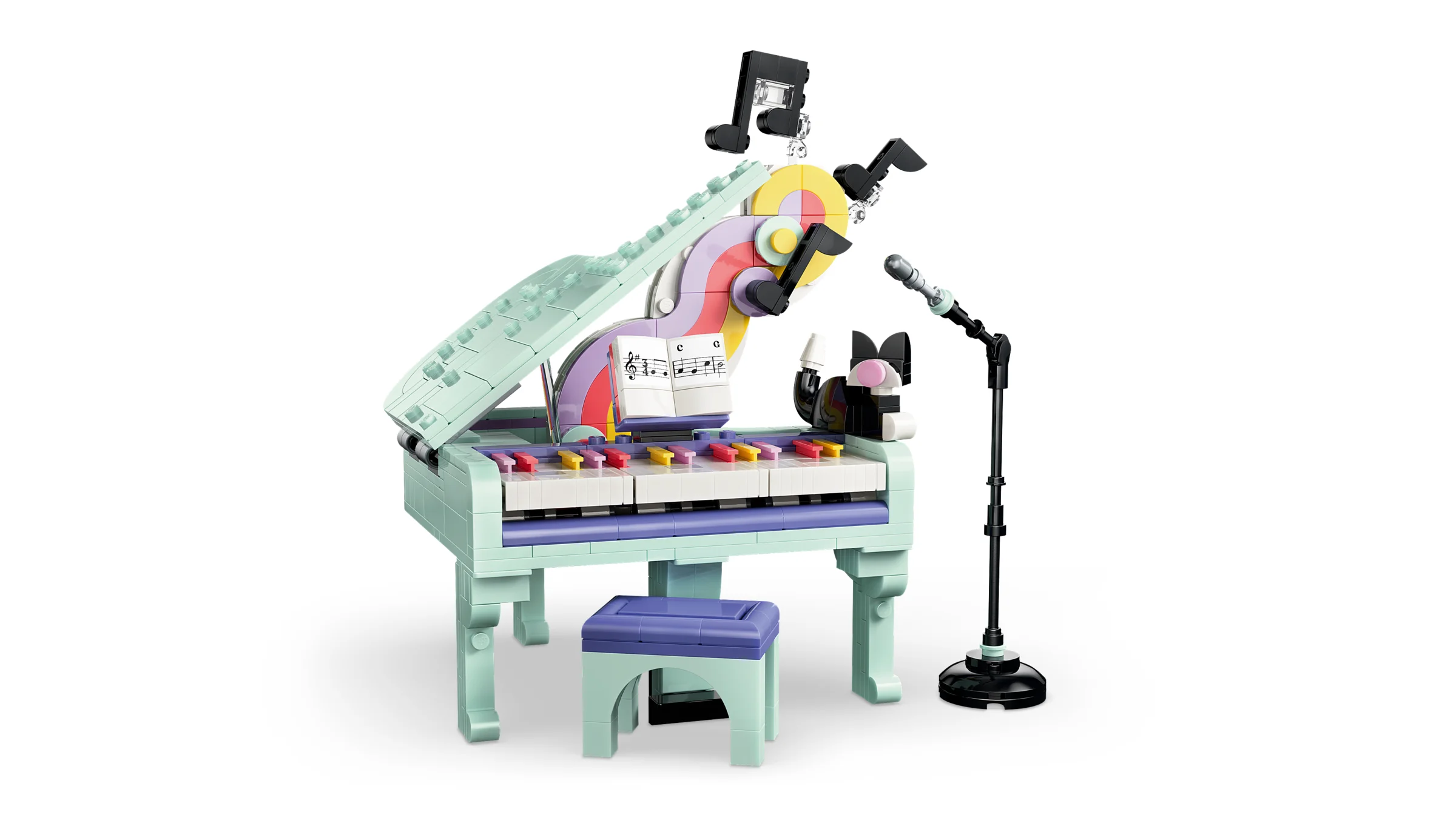 Pianul LEGO muzical cu un design viu colorat și detaliat, perfect pentru decor. 