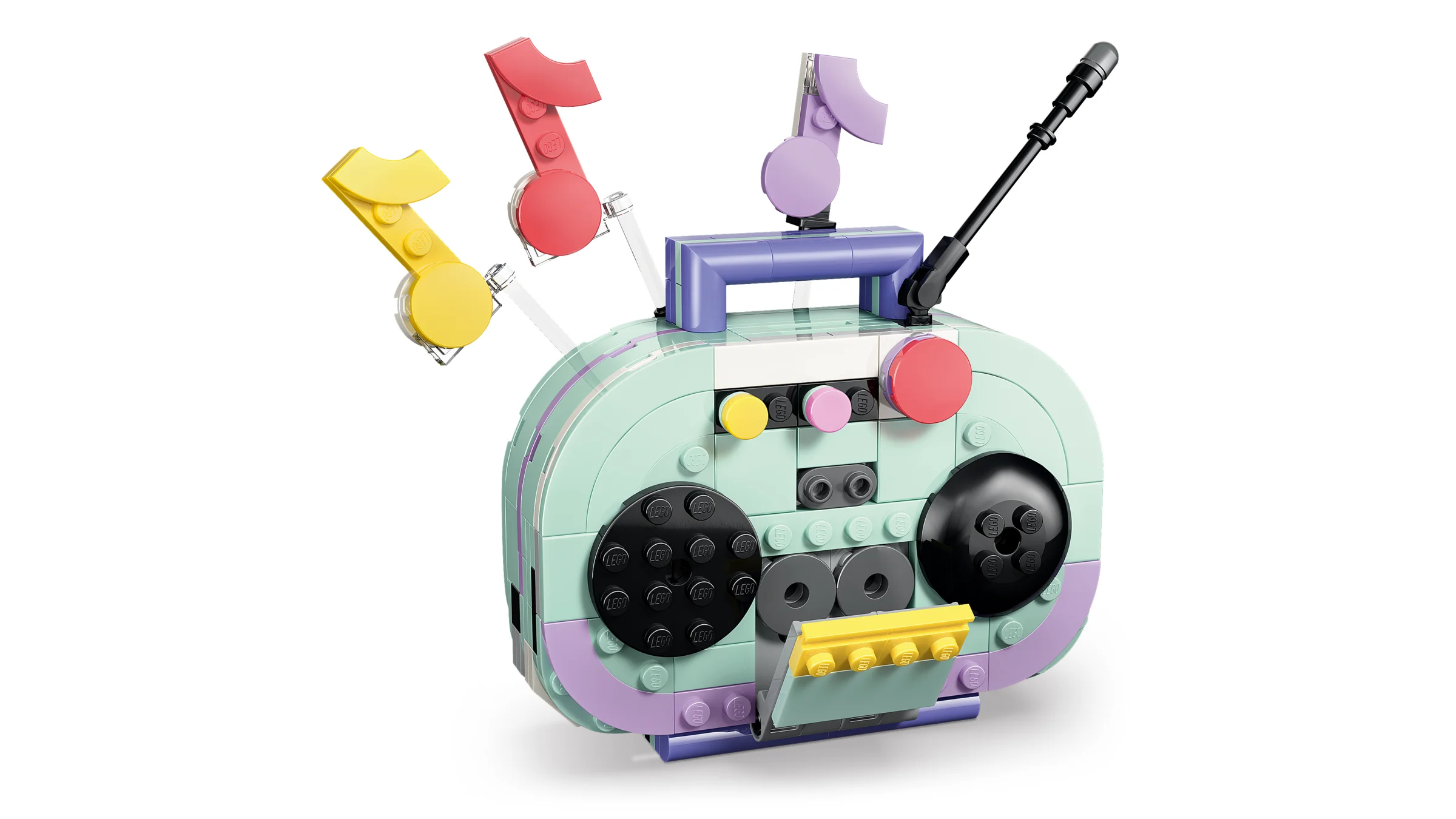 Radioul LEGO decorativ, cu note muzicale colorate. Design atrăgător și modern.