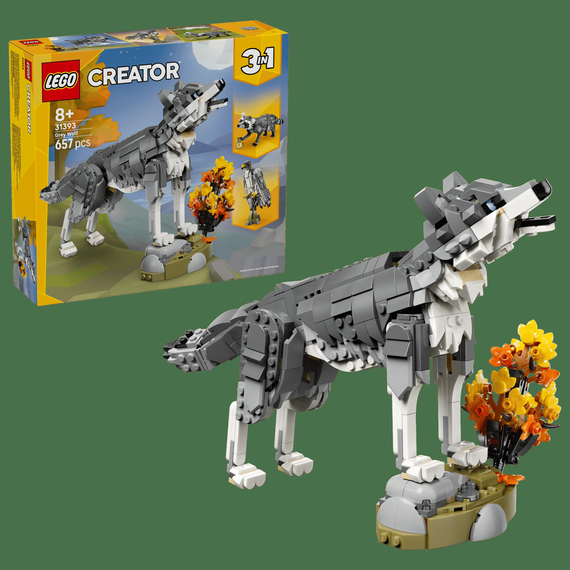 Imagine cu lupul gri LEGO Creator 31393 și cutia produsului. Detalii clare ale modelului.