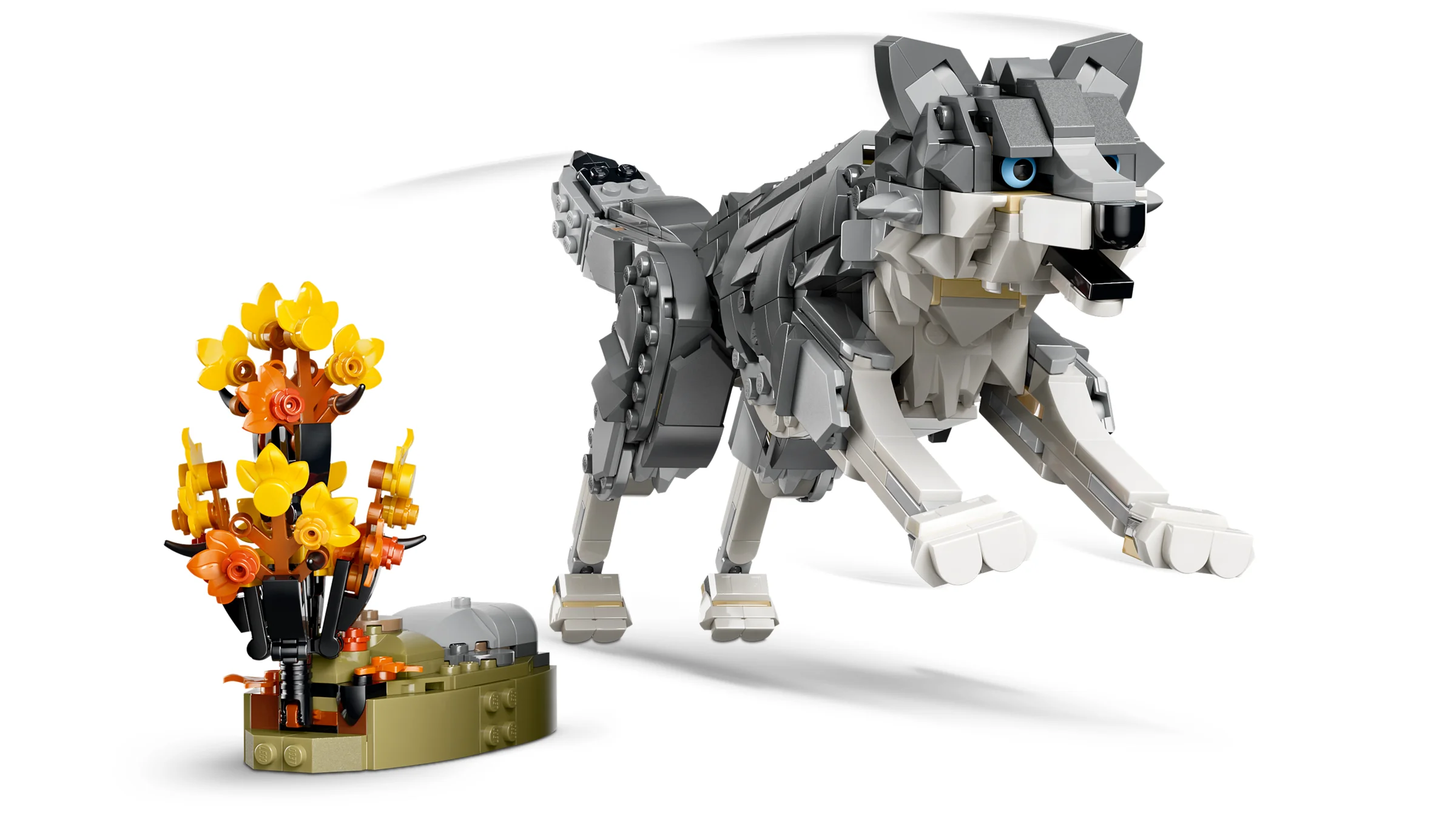 Lupul gri LEGO Creator 31393 și florile sale de toamnă. Un model detaliat și atrăgător.