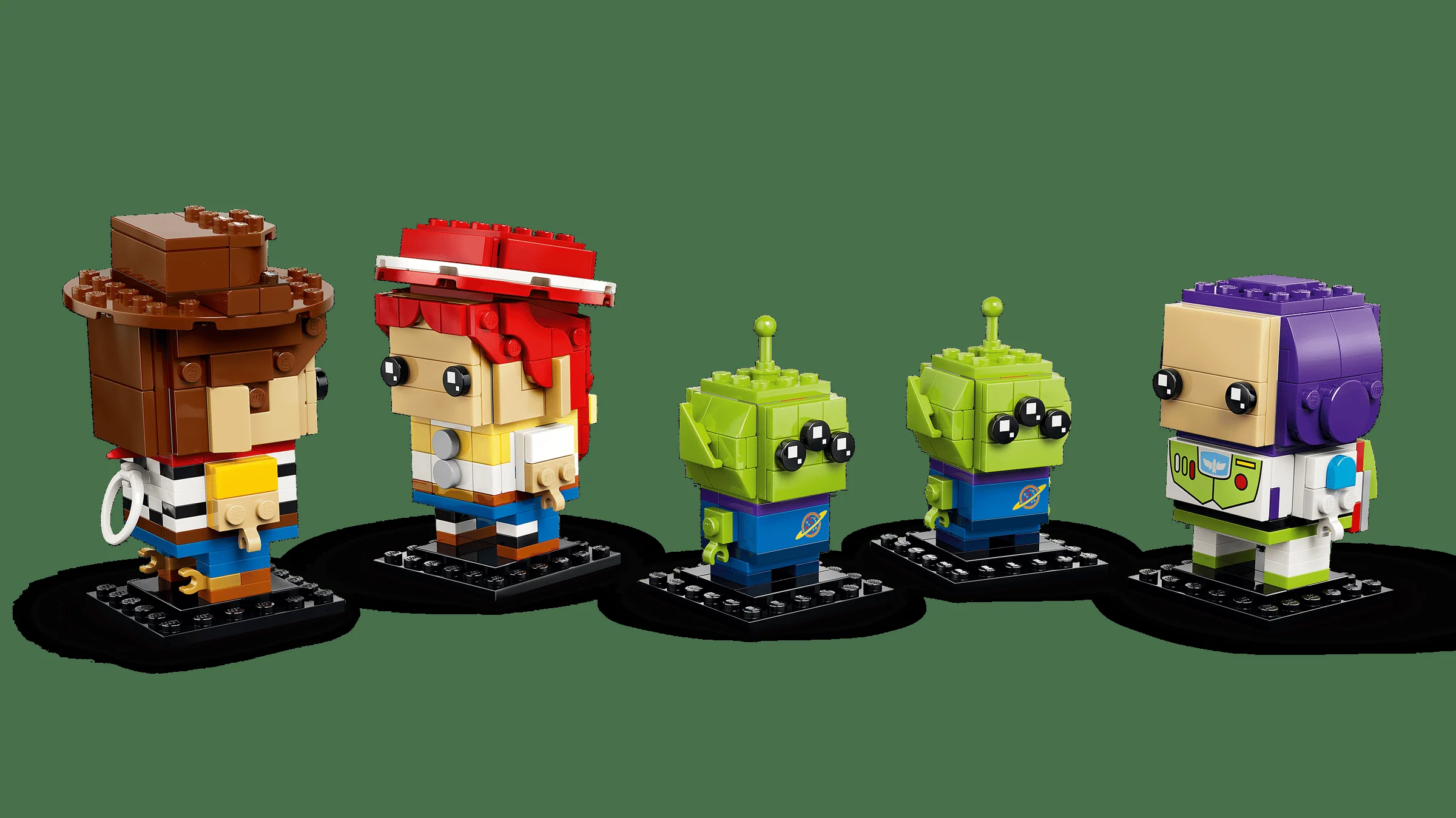 Imagine cu cele cinci figurine BrickHeadz Toy Story: Woody, Jessie, doi extratereștri și Buzz Lightyear.