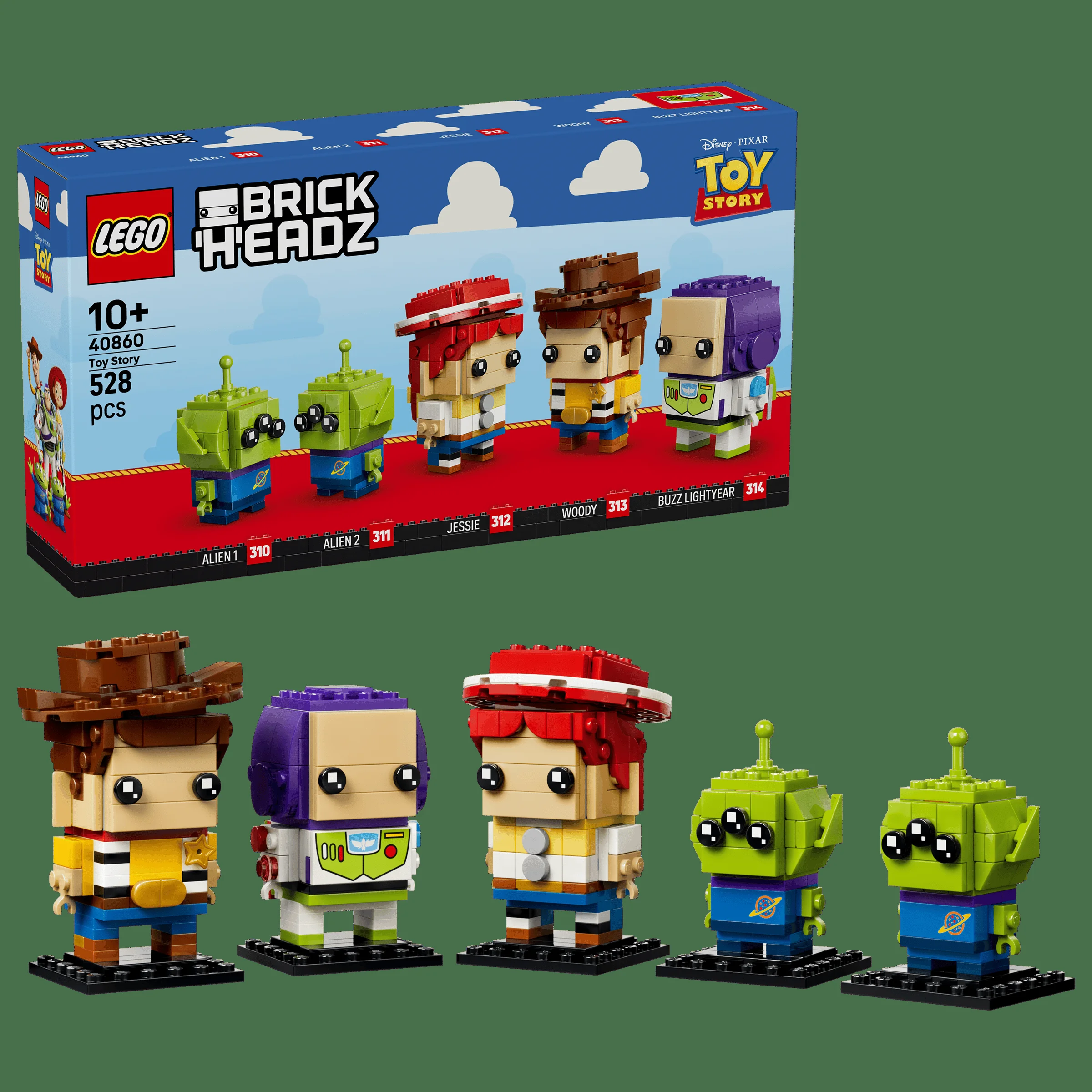 Imagine cu setul LEGO BrickHeadz 40860 Toy Story, conținând minifigurinele Alien, Jessie, Woody și Buzz Lightyear.