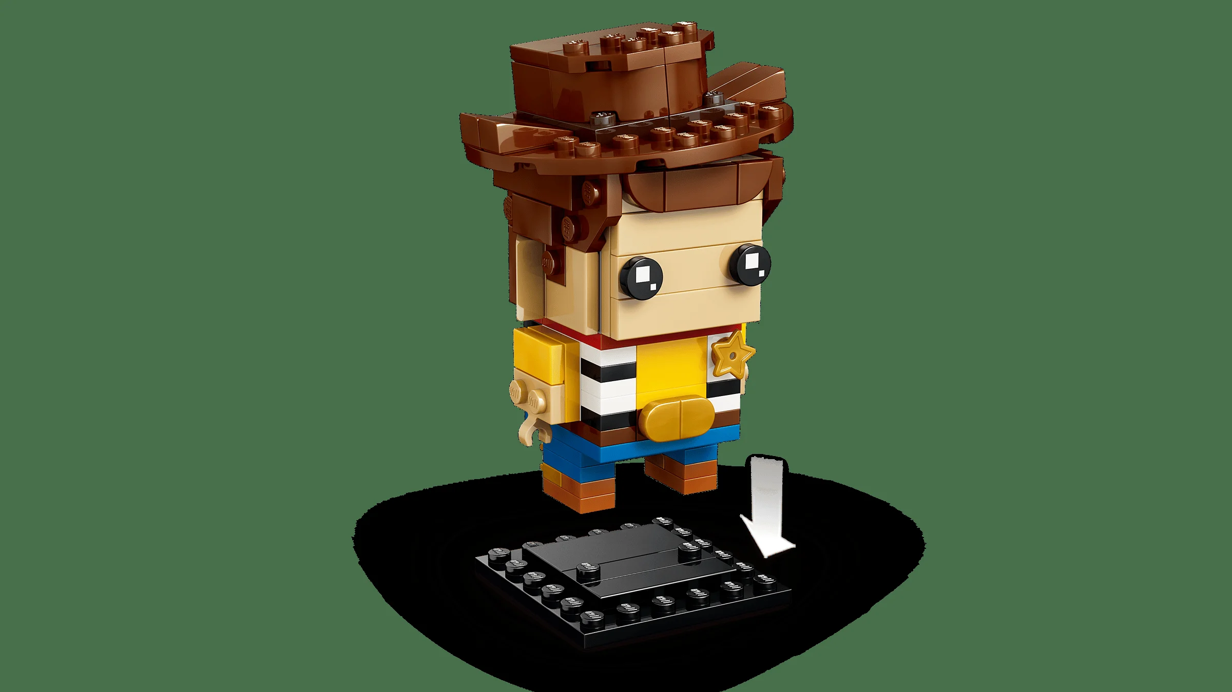 Woody BrickHeadz, cu pălăria sa caracteristică și insigna de șerif, gata de joacă.