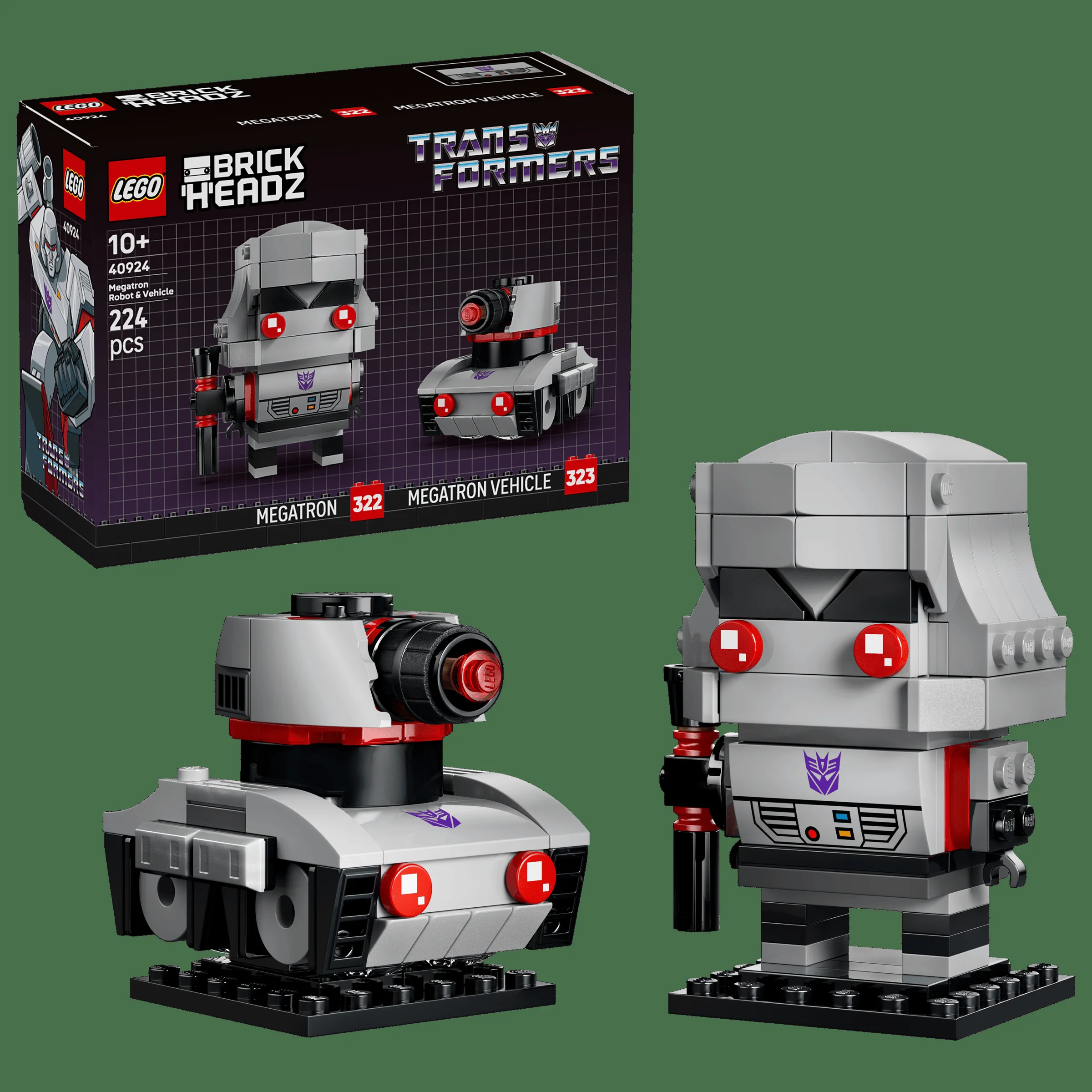 Imagine cu setul LEGO BrickHeadz 40924 Megatron Robot & Vehicle, incluzând cutia și modelele asamblate.