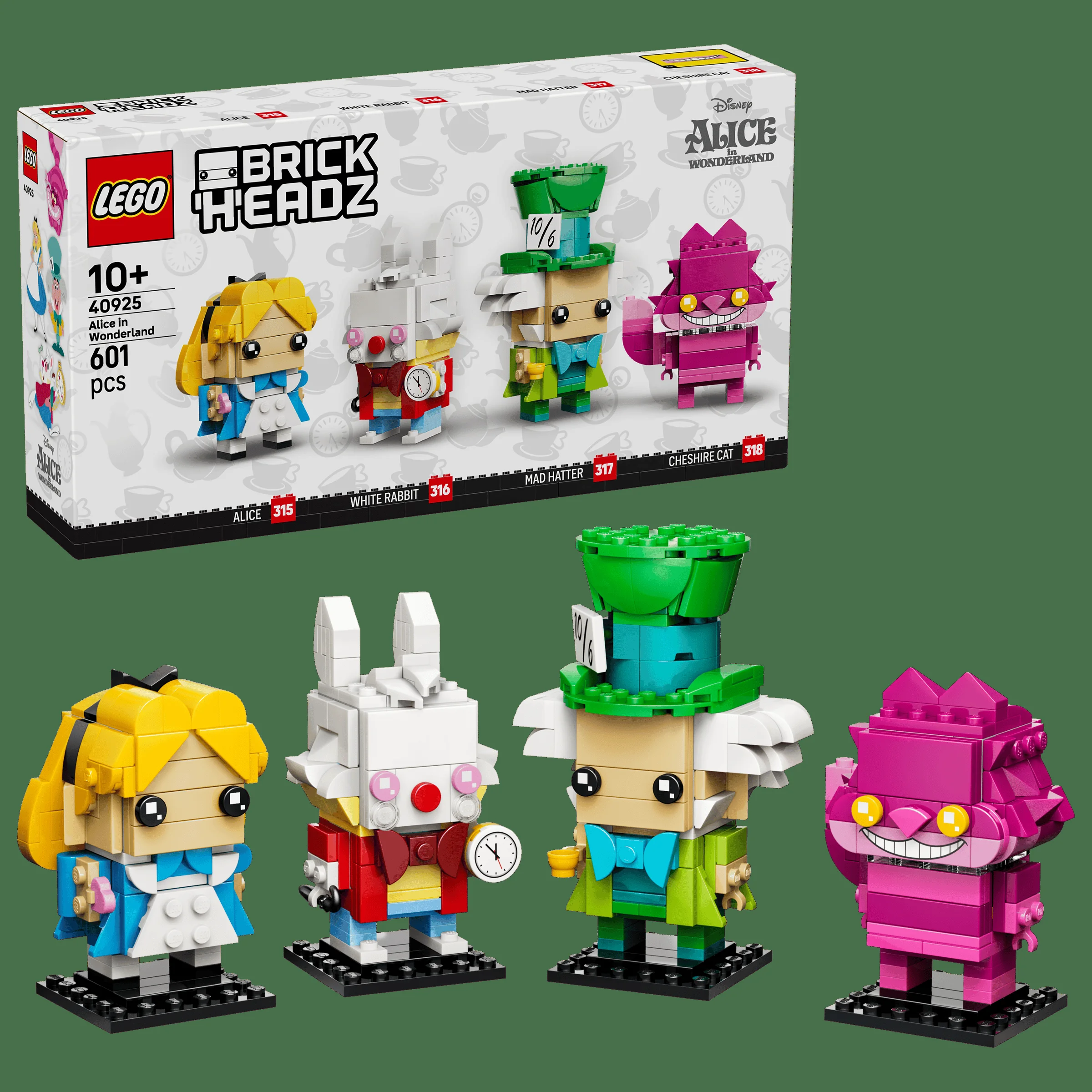 Imagine cu setul LEGO BrickHeadz 40925 Alice în Țara Minunilor și cutia sa. Personaje detaliate.