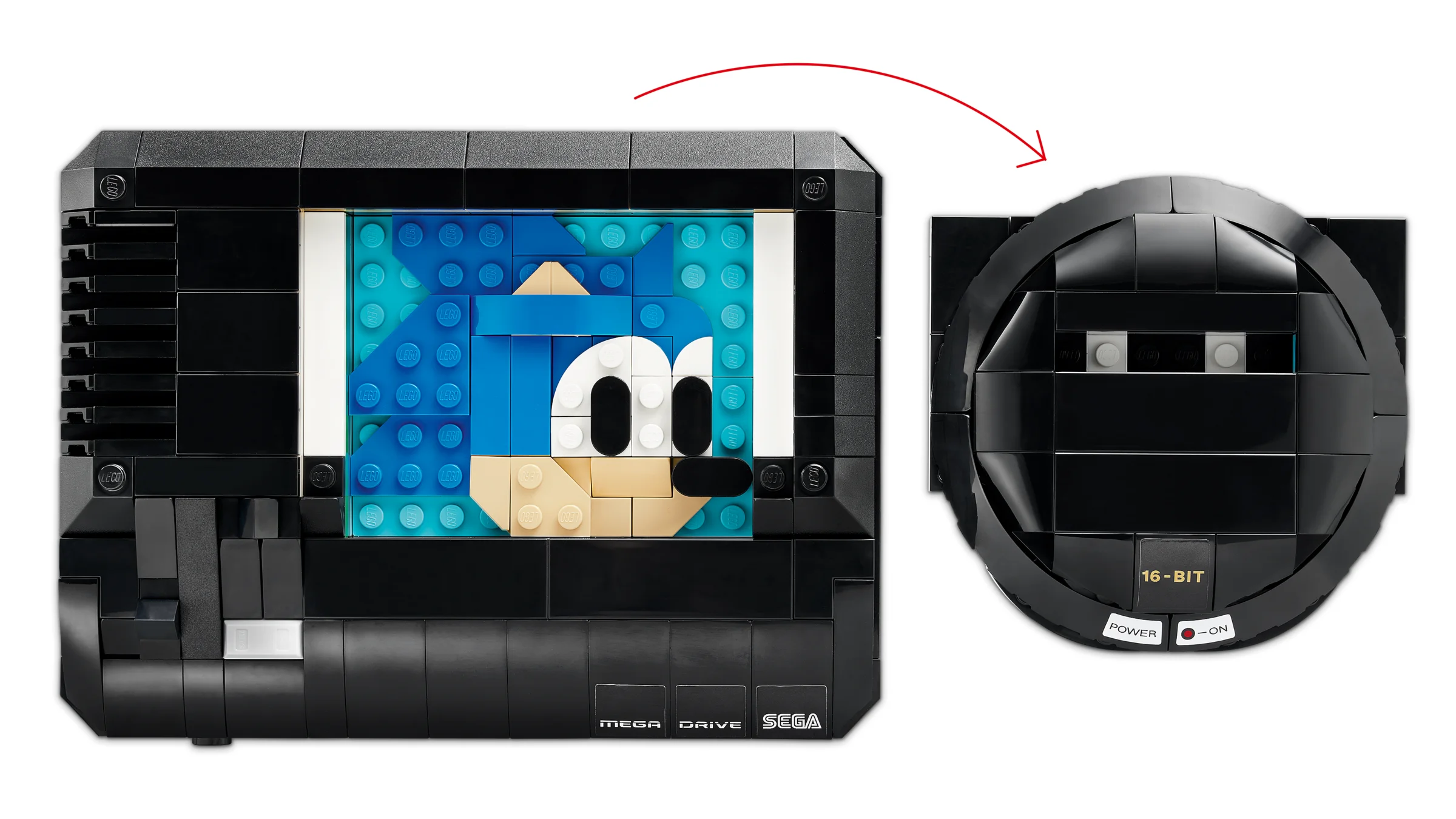 Consola SEGA Mega Drive LEGO, cu cartușul Sonic introdus. Detaliu. 