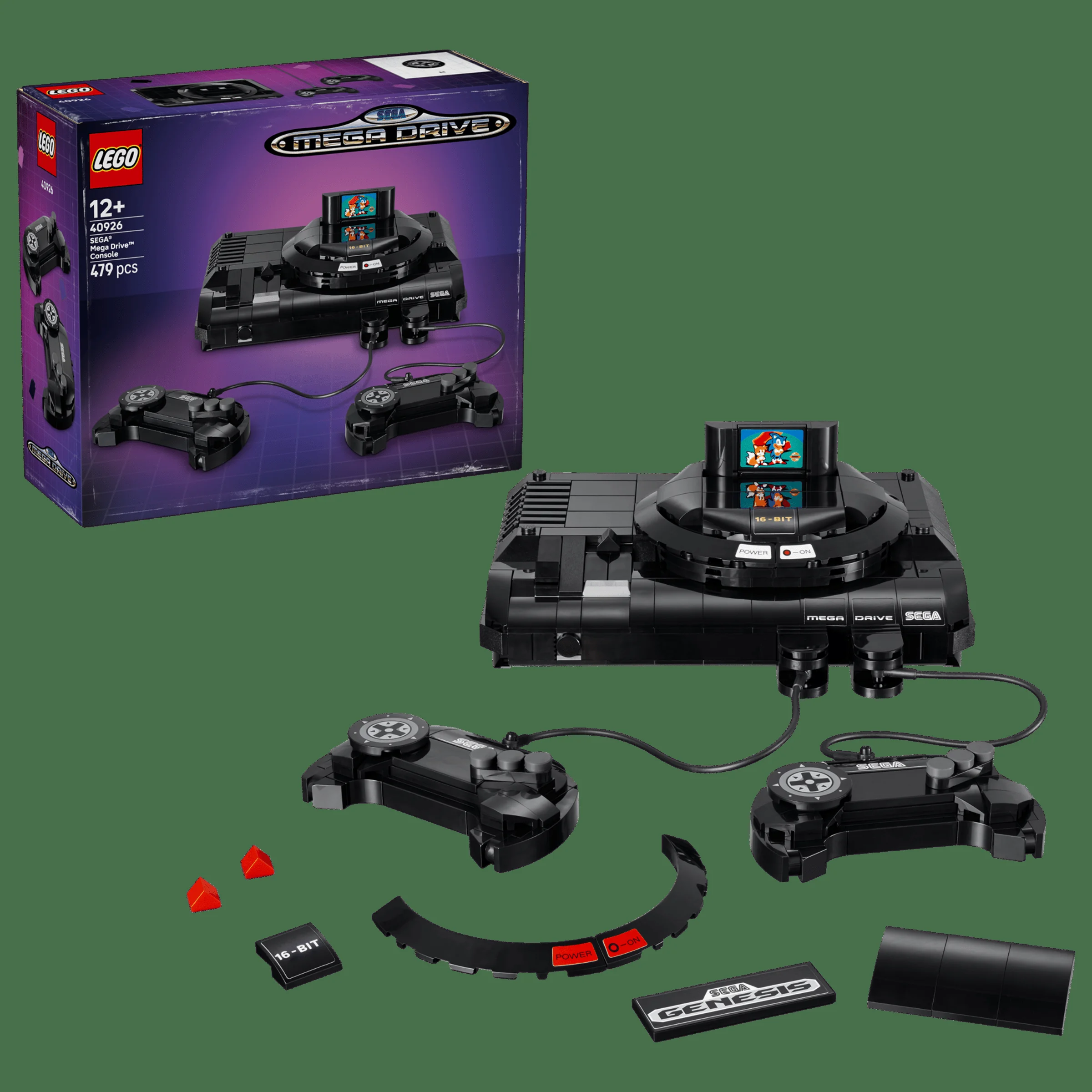 Imagine cu consola SEGA Mega Drive LEGO, setul 40926. Cutia e alături de modelul construit.