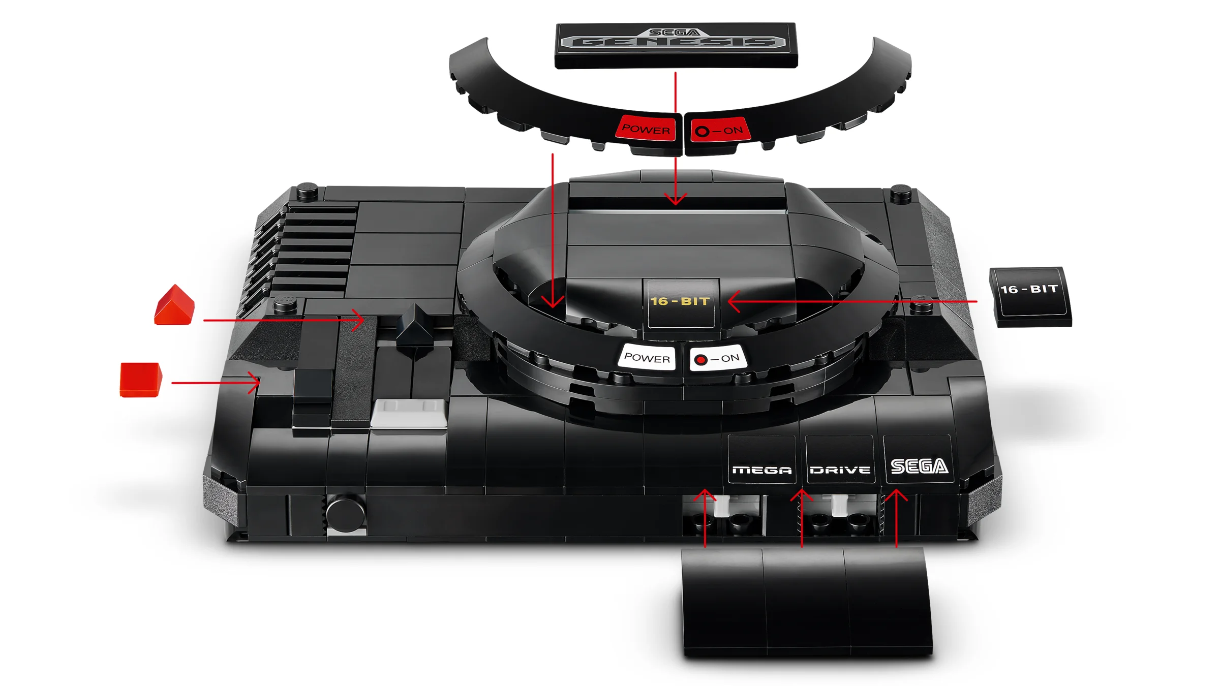 Imagine detaliată cu consola SEGA Mega Drive LEGO 40926 și componentele ei detașabile.