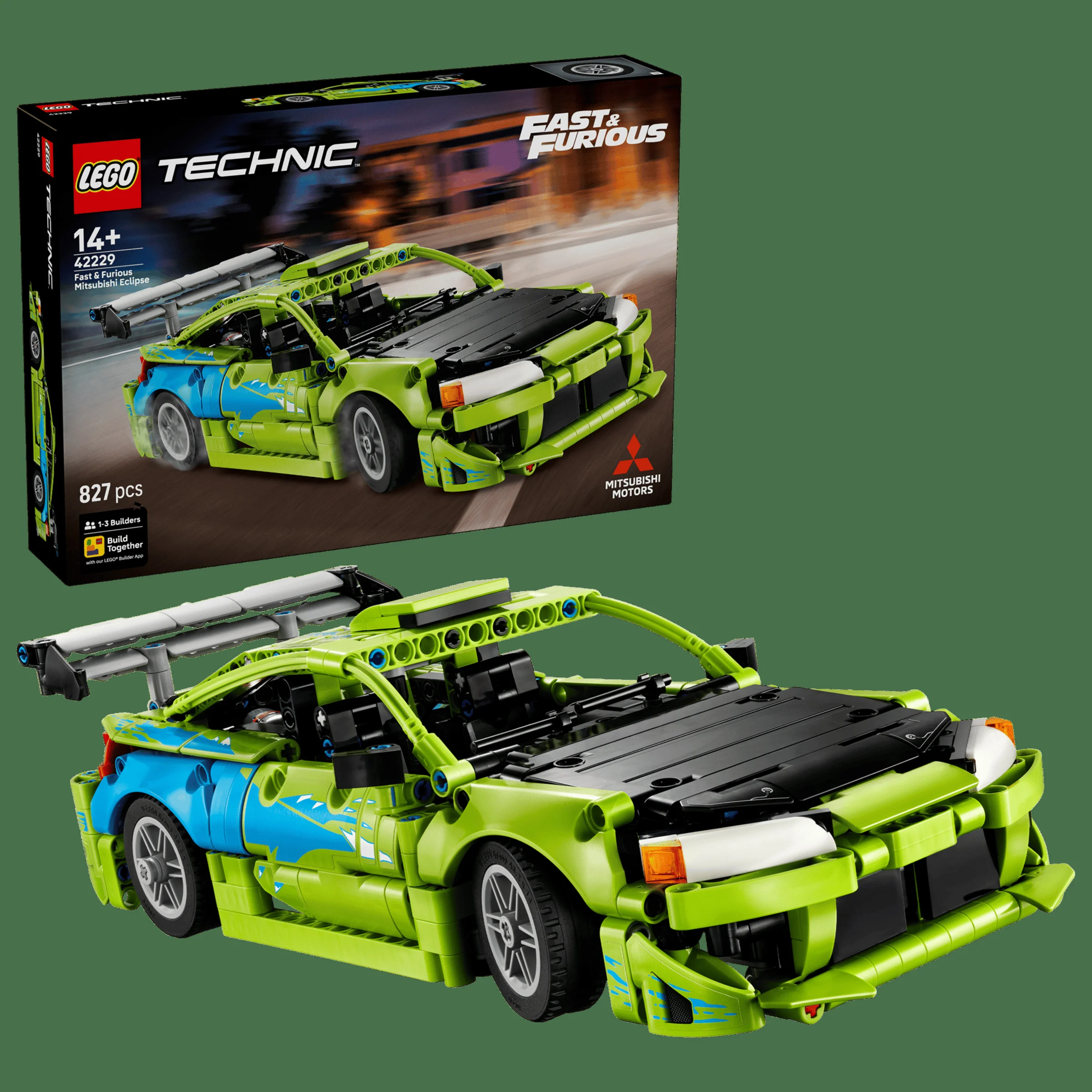 Imagine cu modelul finalizat Mitsubishi Eclipse și cutia setului. O prezentare detaliată a produsului.