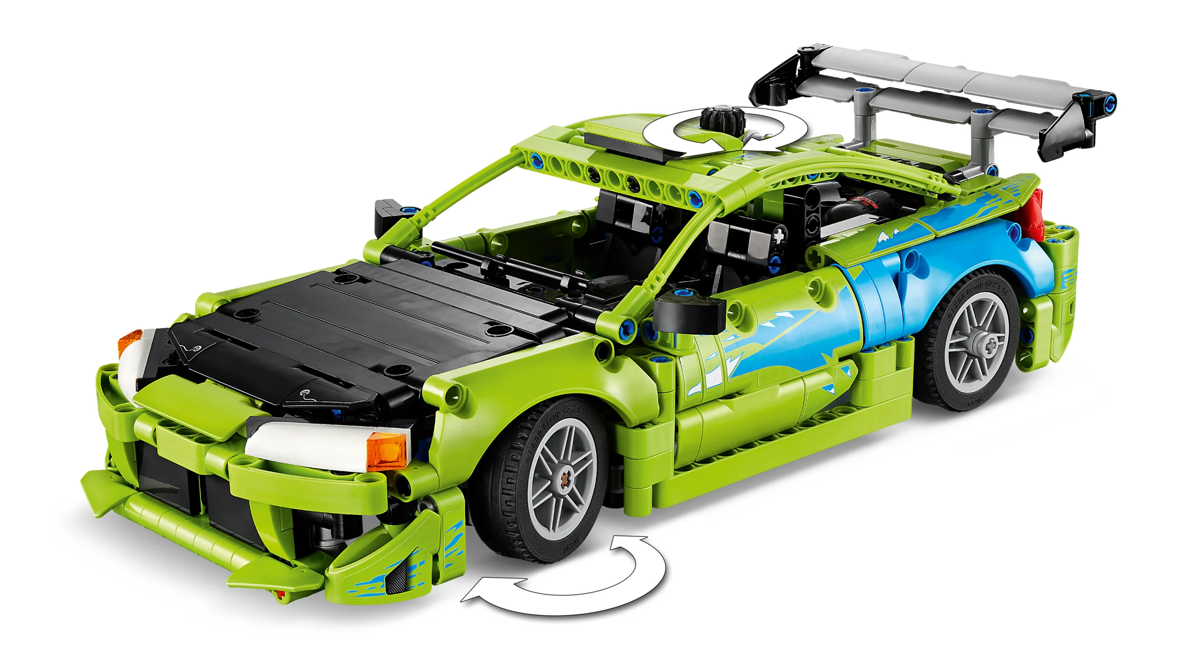 Modelul LEGO Technic Mitsubishi Eclipse, verde lime și albastru, cu detalii și funcții interesante.