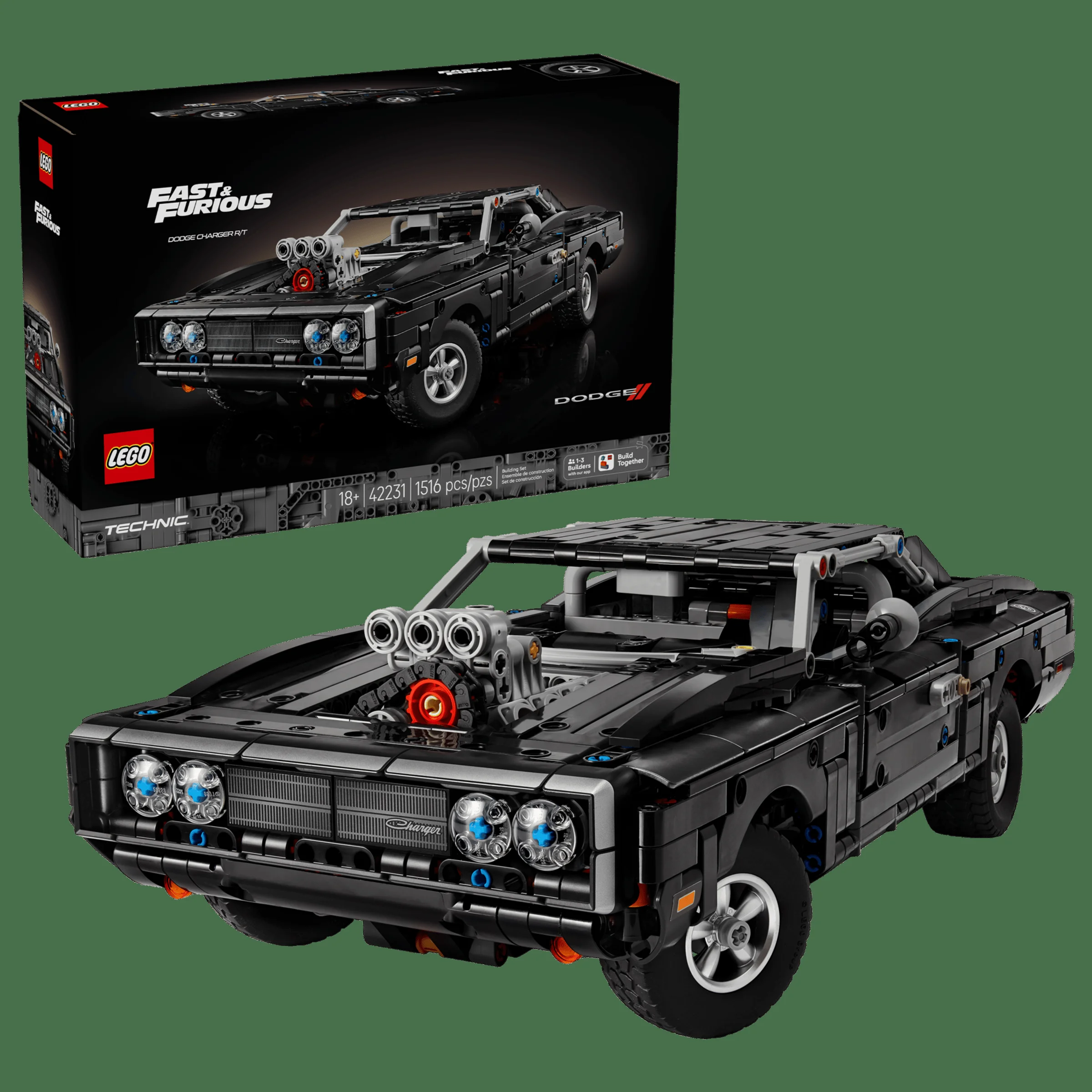 Imagine cu setul LEGO Technic 42231 Dodge Charger R/T și cutia acestuia, pe fundal verde.