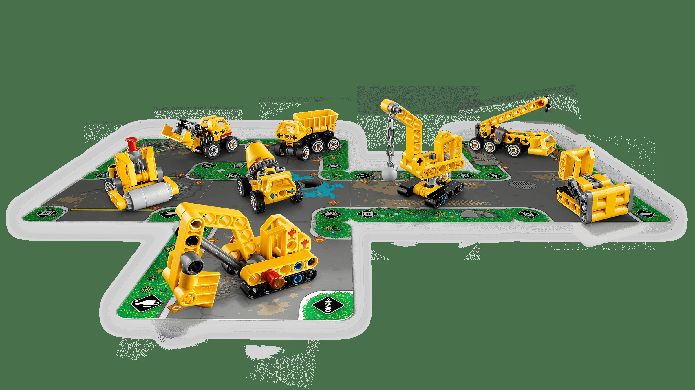 Imagine cu diverse vehicule de construcție galbene, prezentate pe o suprafață de drum stilizată.