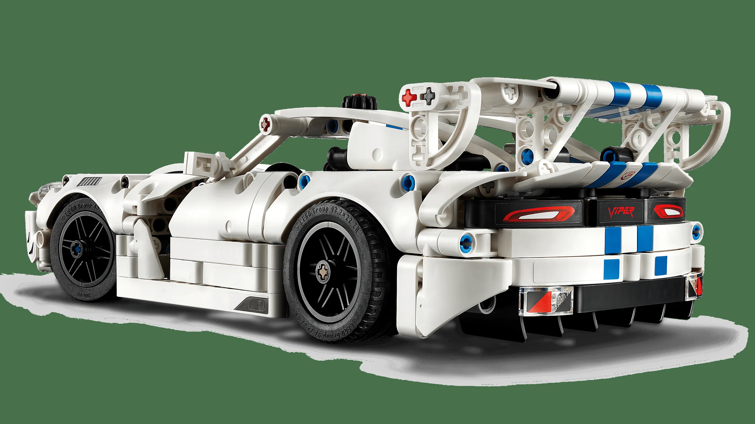 Imagine detaliată a modelului Dodge Viper GTS-R LEGO Technic, spate lateral. Accente albastre, roți, elemente tehnice vizibile.