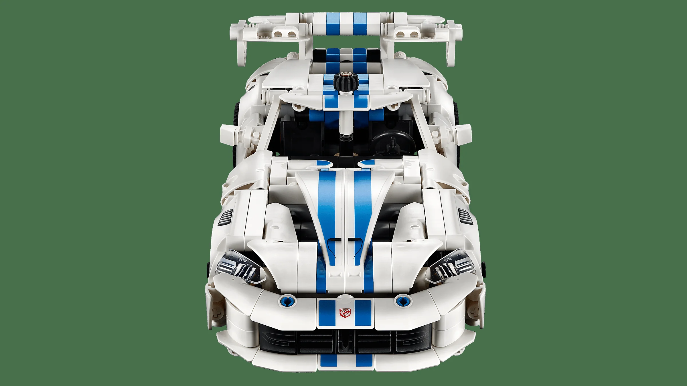 Modelul Dodge Viper GTS-R, alb cu dungi albastre, văzut frontal. Detalii ale designului și construcției.