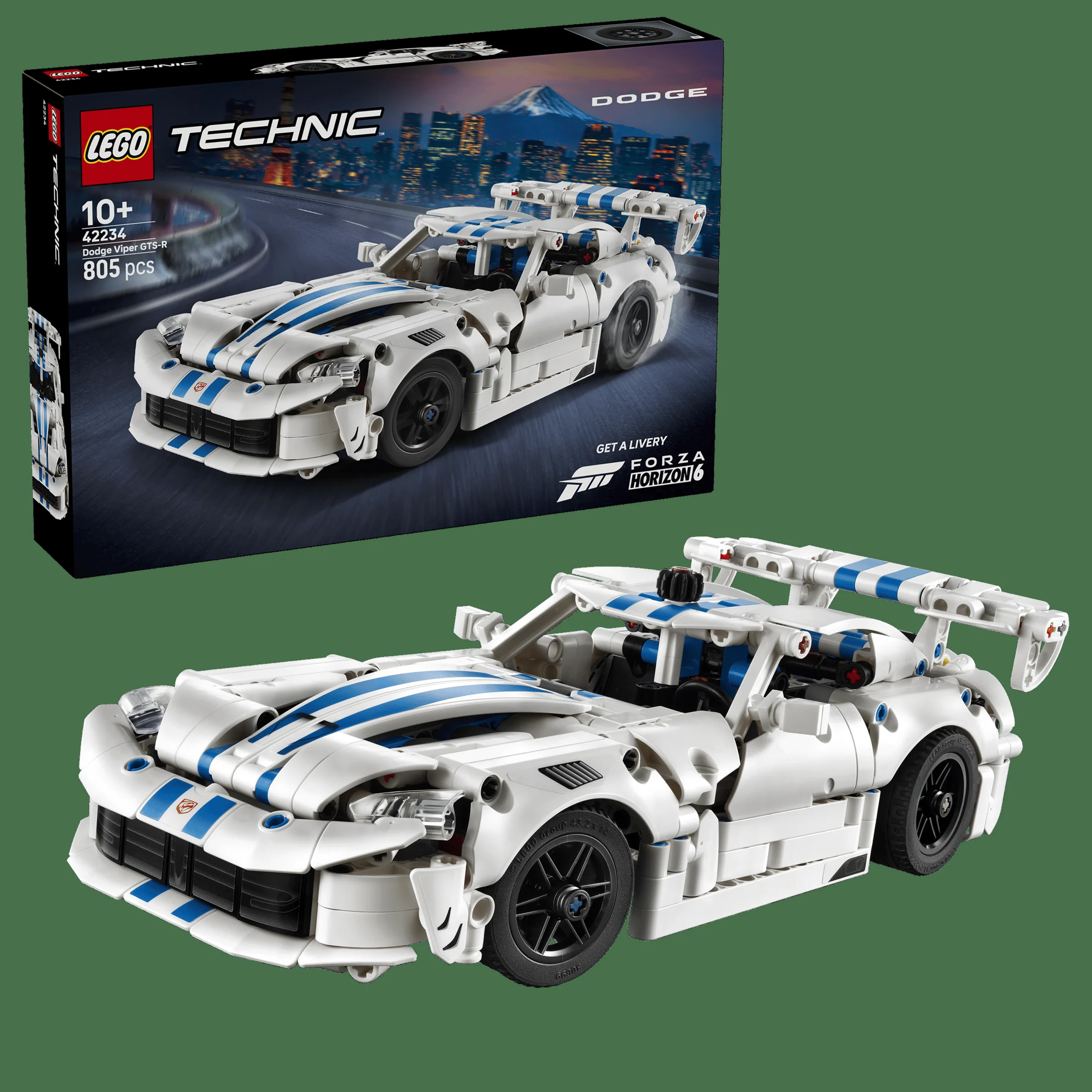 Imagine cu setul LEGO Technic 42234 Dodge Viper GTS-R și cutia. Modelul este alb cu dungi albastre.